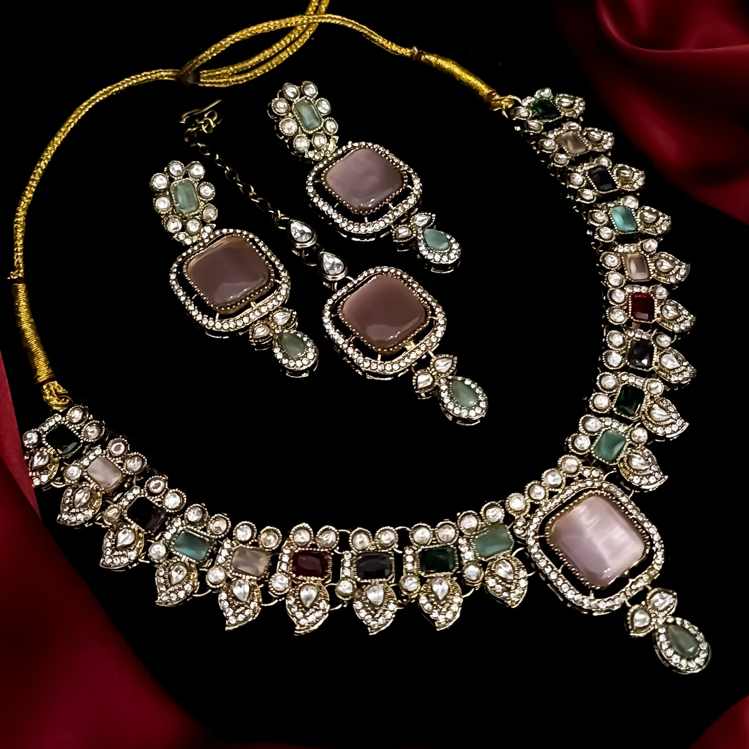 Jheel Statement Navratan Reverse AD Necklace Set - Multi - Image 4