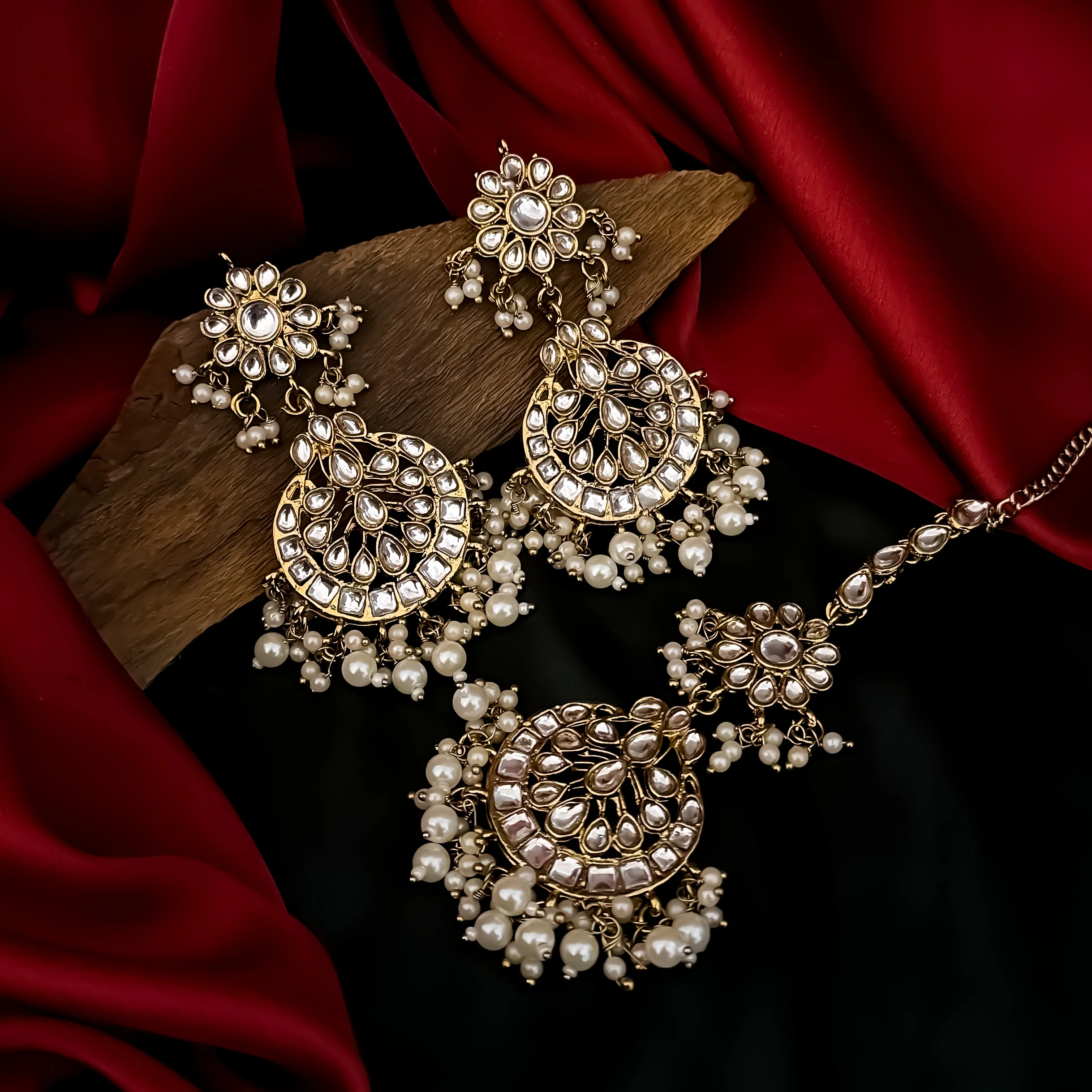 Jharna Kundan Pearl Chandbali Earrings with Teeka - Golden