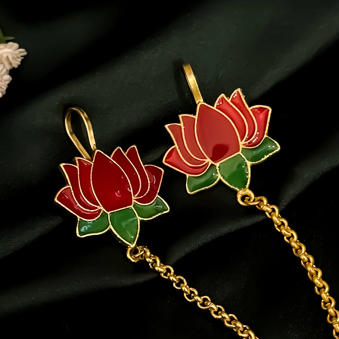 Sunehri Lotus Premium Kashmiri Brass Earrings with Sahara/Earchains - Pink & Golden - Image 4
