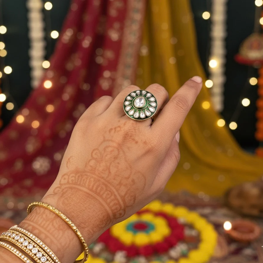Asyan Meenakari Kundan Adjustable Ring - Green - Image 3