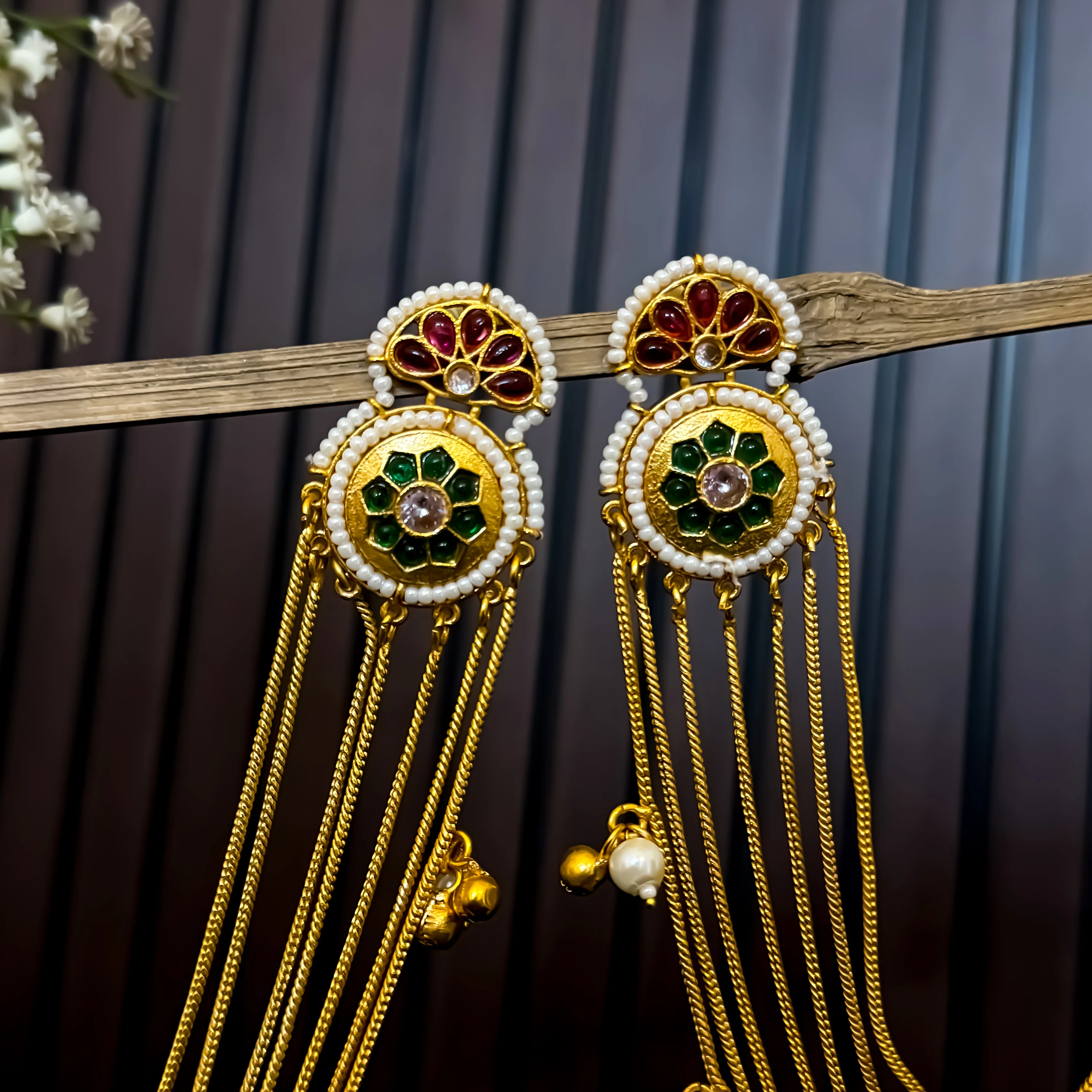 Aarunika Premium Kashmiri Brass Dejhoor Earrings with Sahara/Earchains - Pastel Green - Image 2