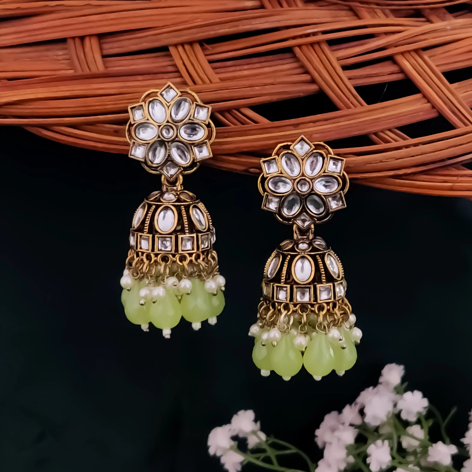 Aashika Pearl Jhumka Earrings- Pista Green
