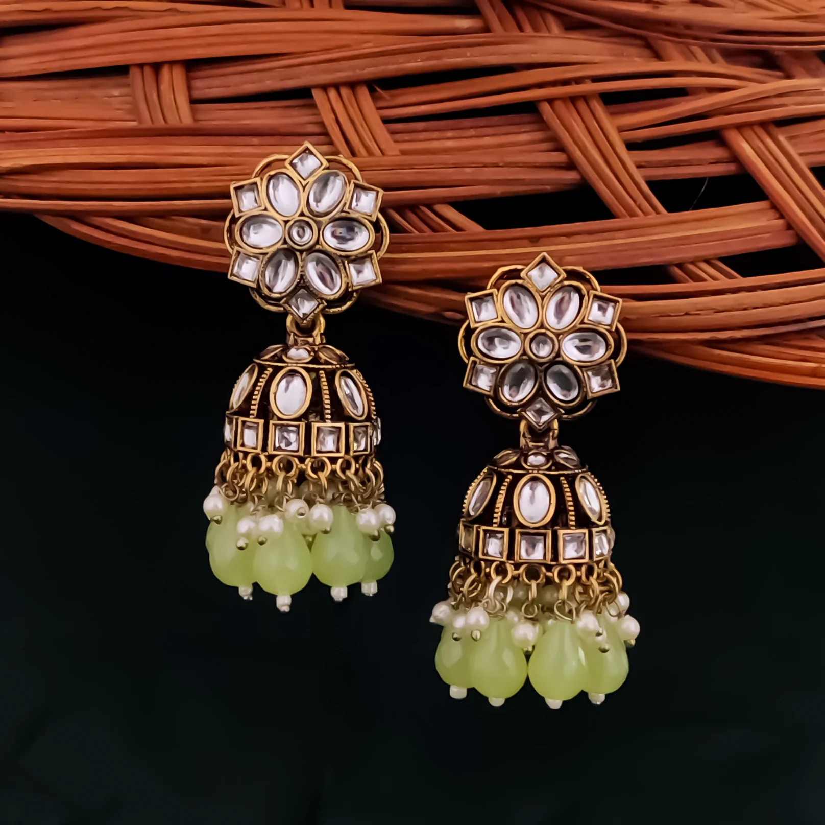 Aashika Pearl Jhumka Earrings- Pista Green - Image 4