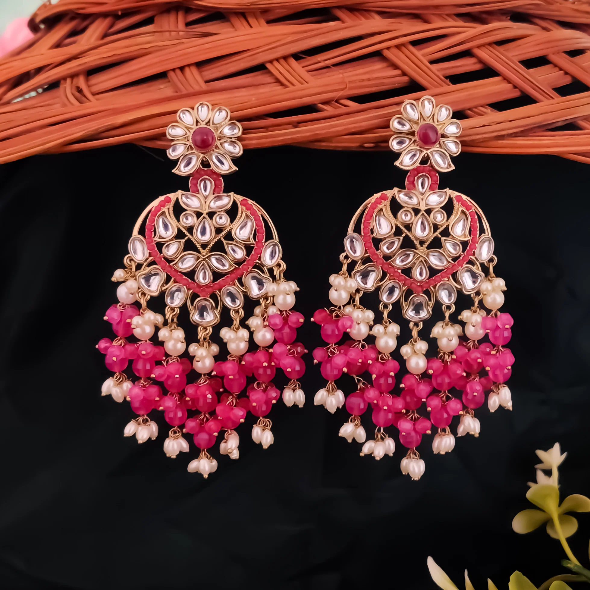 Aayat Kundan Pearl Chandbali Earrings - Hot Pink - Image 2