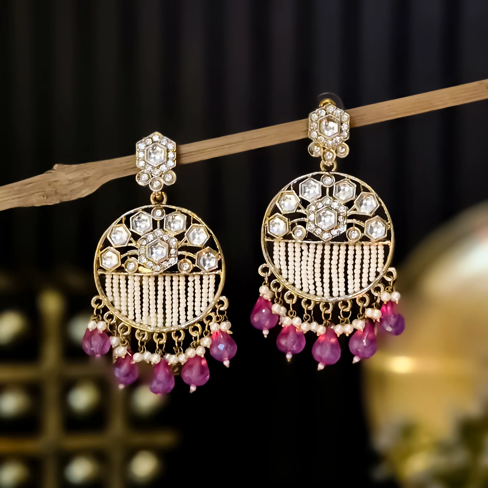 Adah Pearl Kundan Chandbali Earrings - Magenta Pink