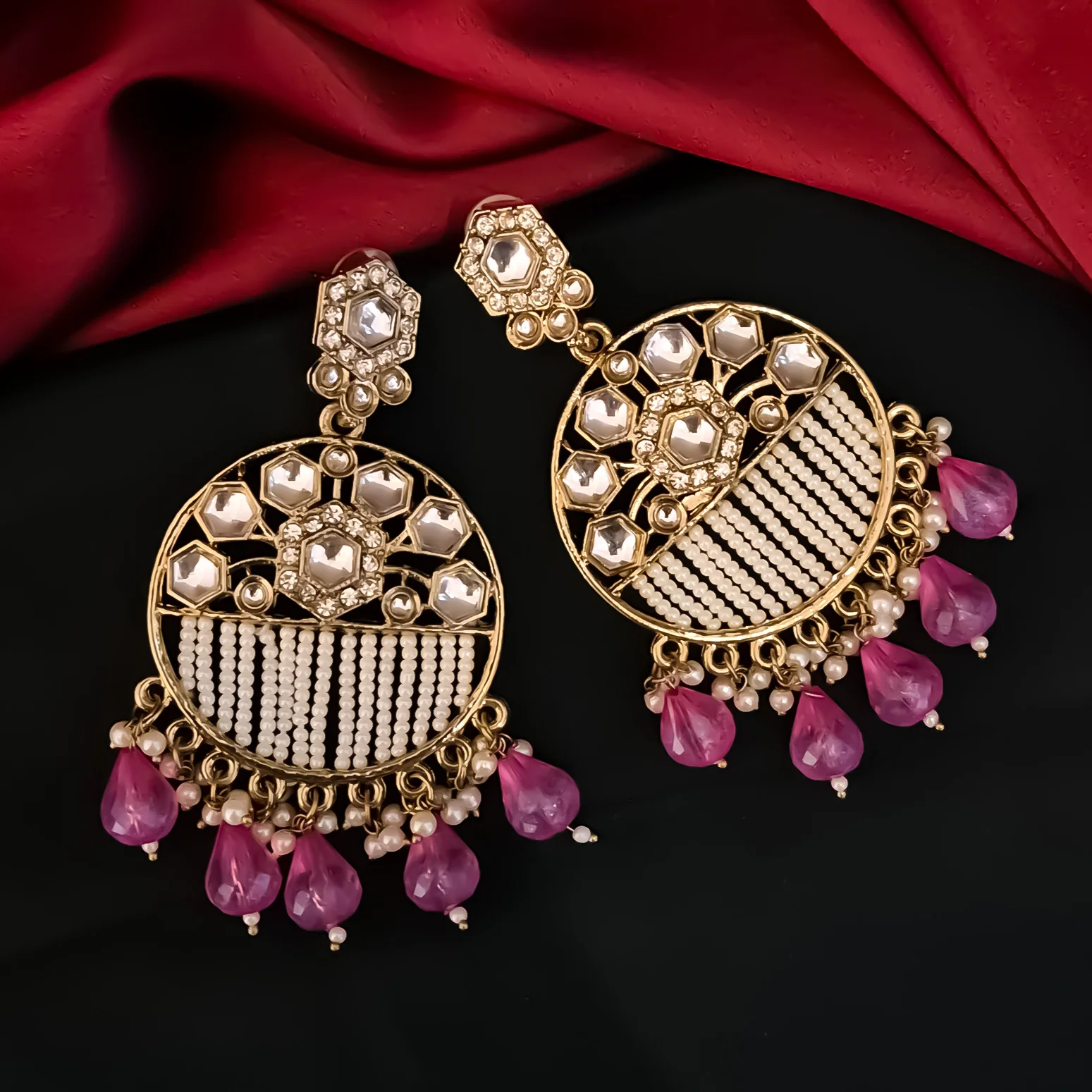 Adah Pearl Kundan Chandbali Earrings - Magenta Pink - Image 2