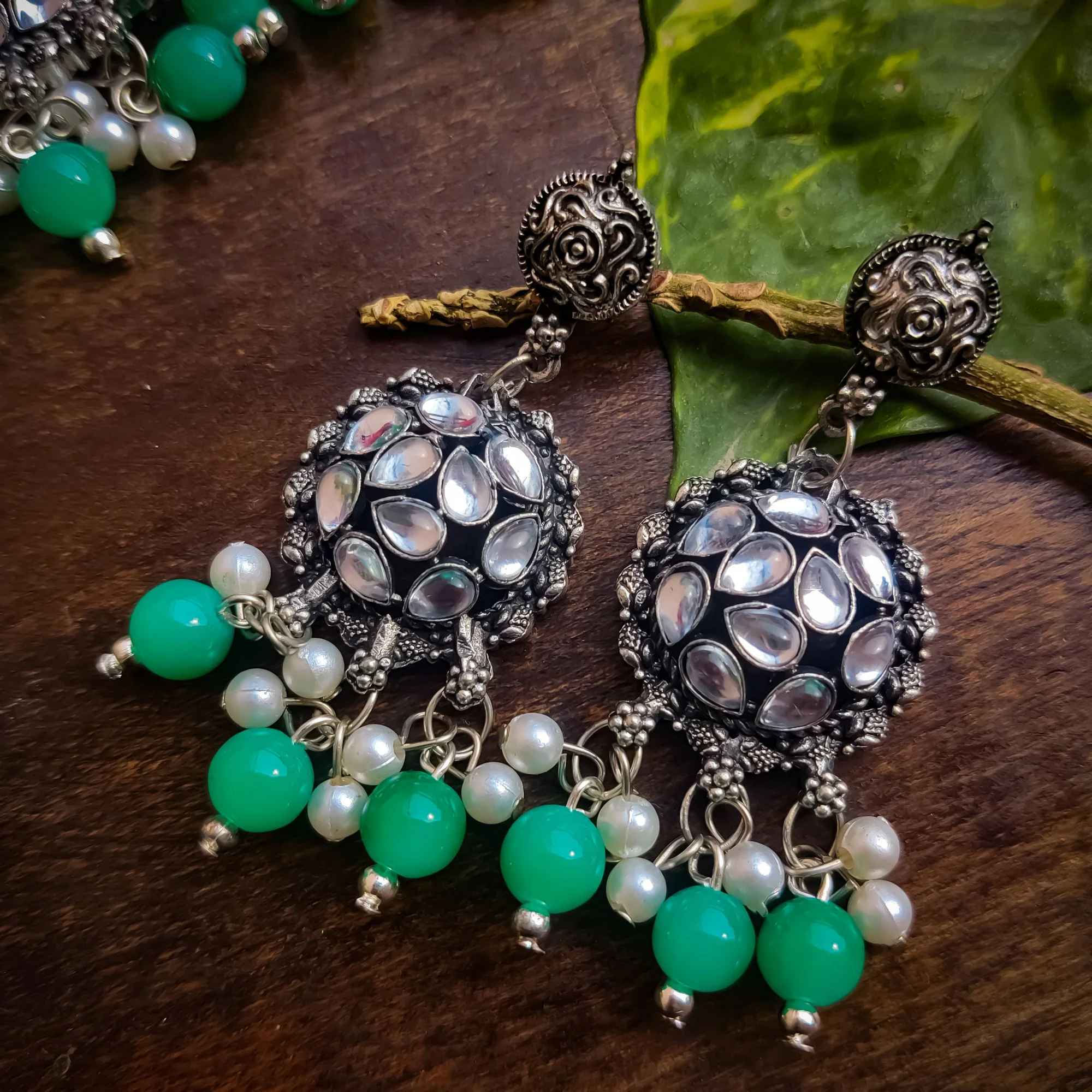 Alisha Silver Oxidised Necklace Set - Green - Image 3
