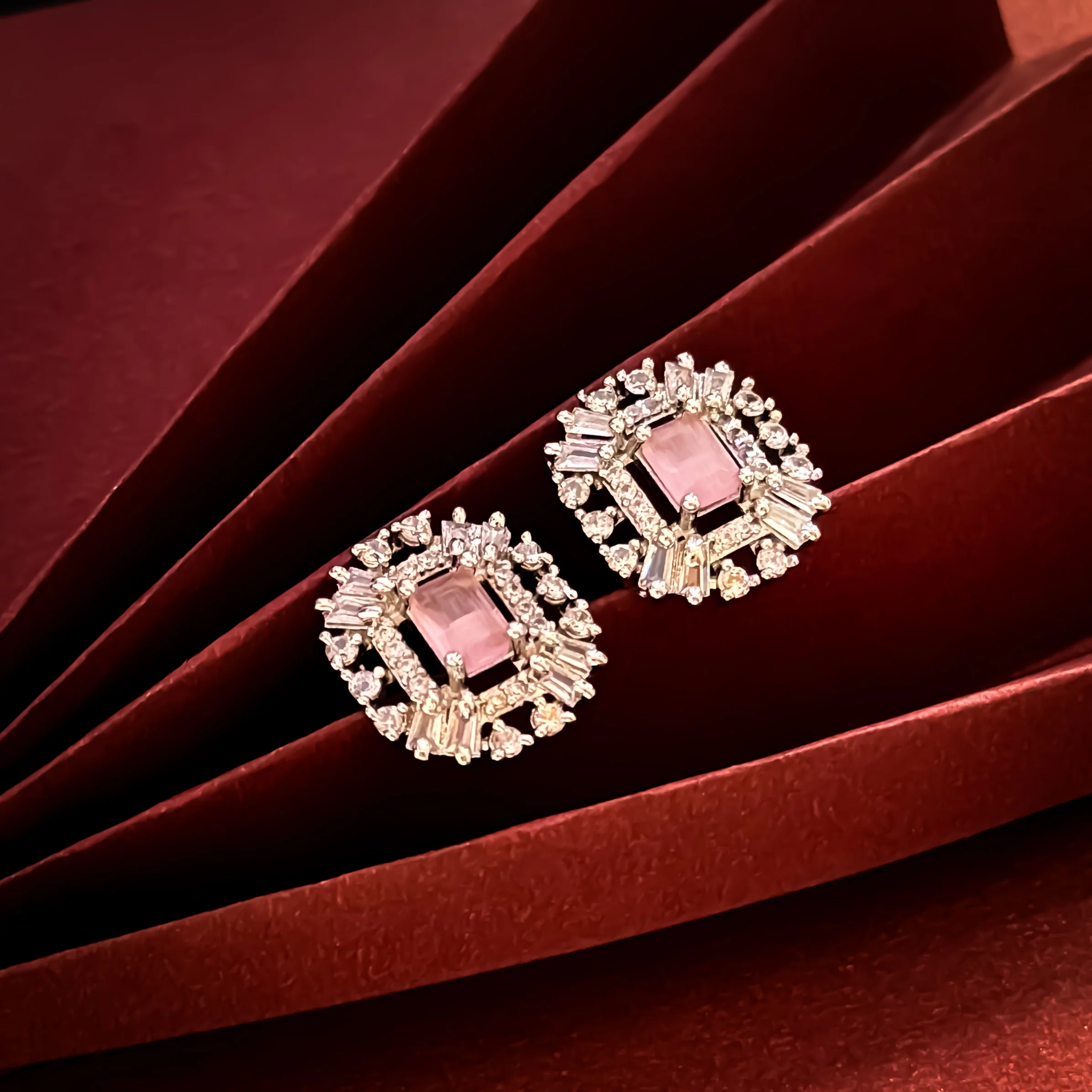 Anastasia American Diamond Silver Stud Earrings - Pastel Pink - Image 3