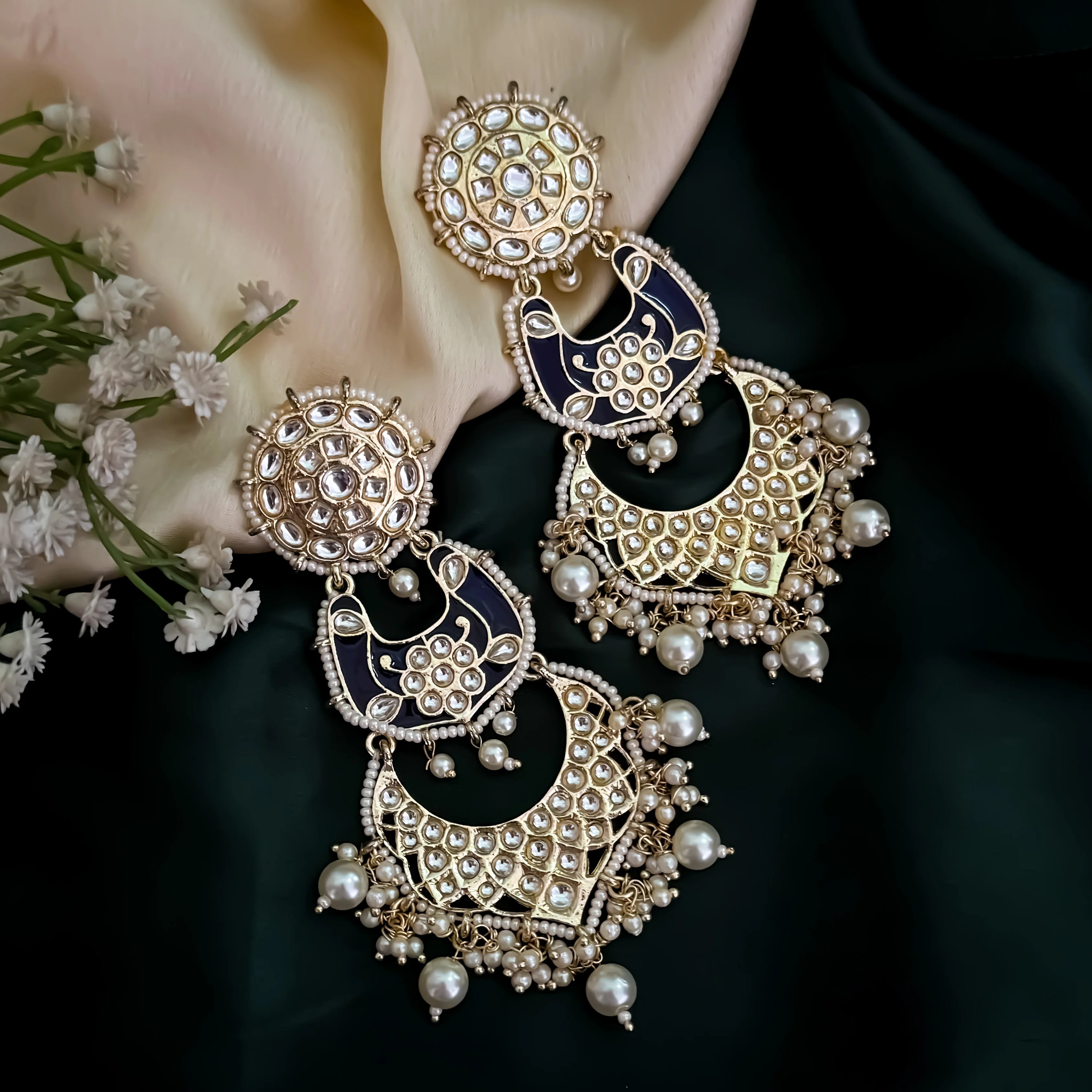 Anokhi Dabi Kundan Meenakari Pearl Chandbali Earrings - Royal Blue - Image 2