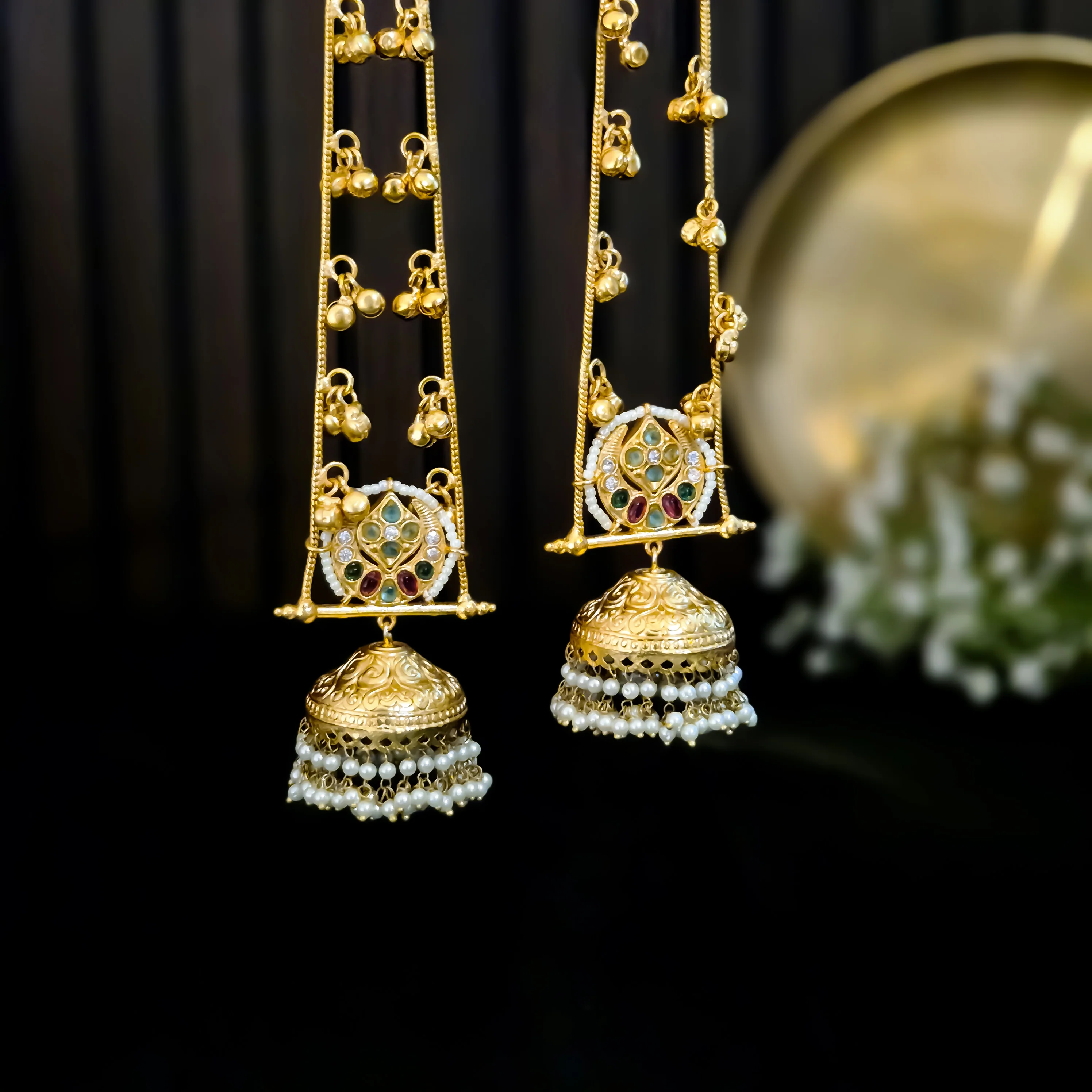 Anwita Statement Kashmiri Brass Dejhoor Jhumka Ghungroo Earrings - Multi - Image 4