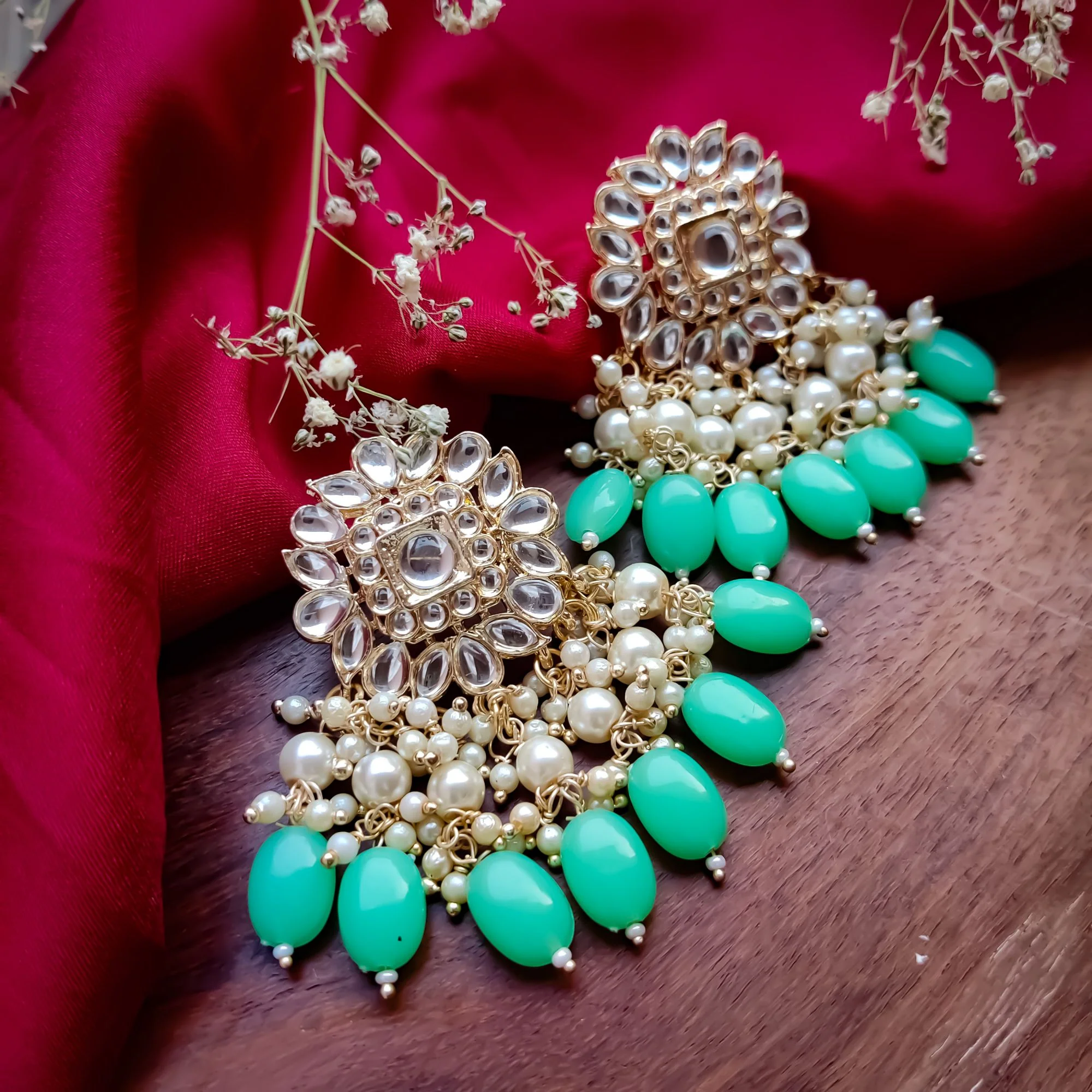 Arshi Kundan Pearl Necklace Set - Mint Green - Image 3
