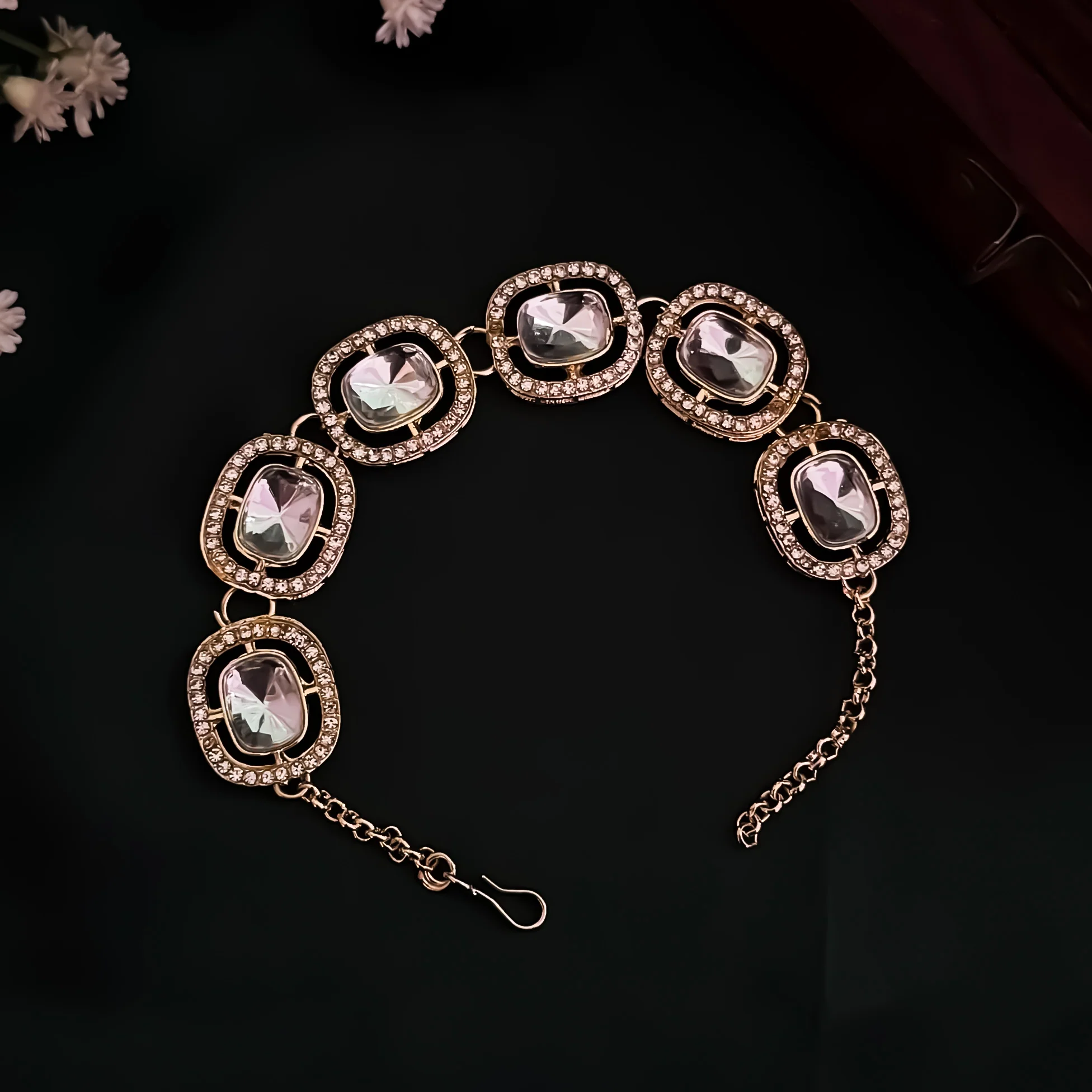 Zafira Polki Look Alike Adjustable Bracelet - Golden - Image 2