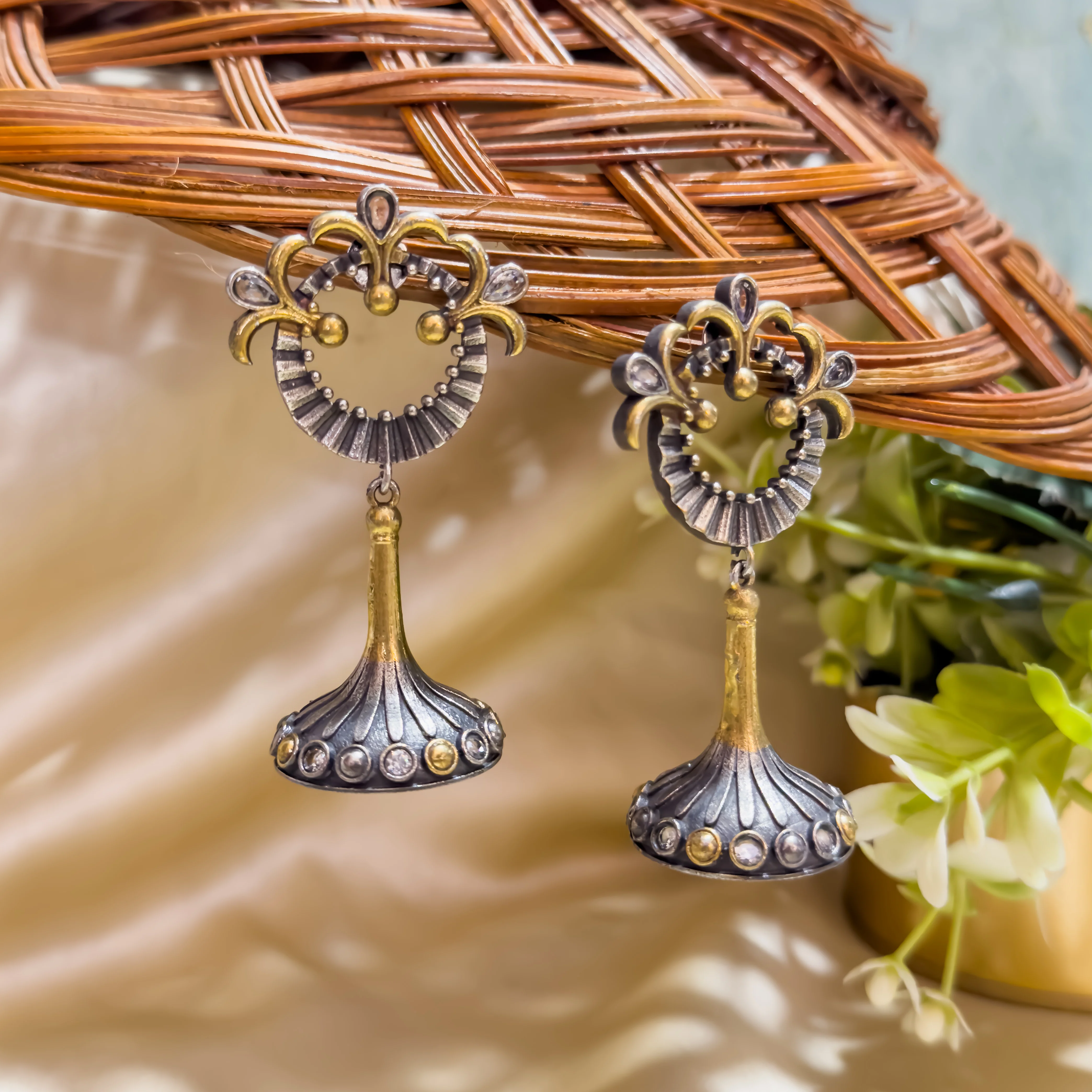 Bella Zircon Dual Tone SLA Brass Earrings - White - Image 4