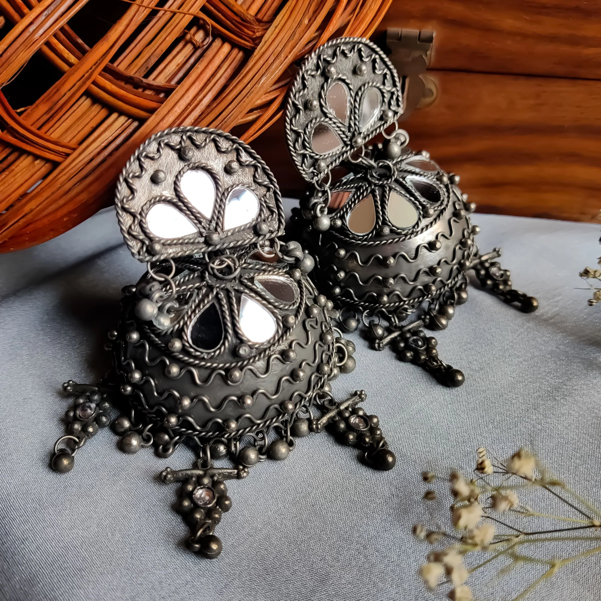 BOHO JUMBO MIRROR JHUMKA EARRINGS - Image 3