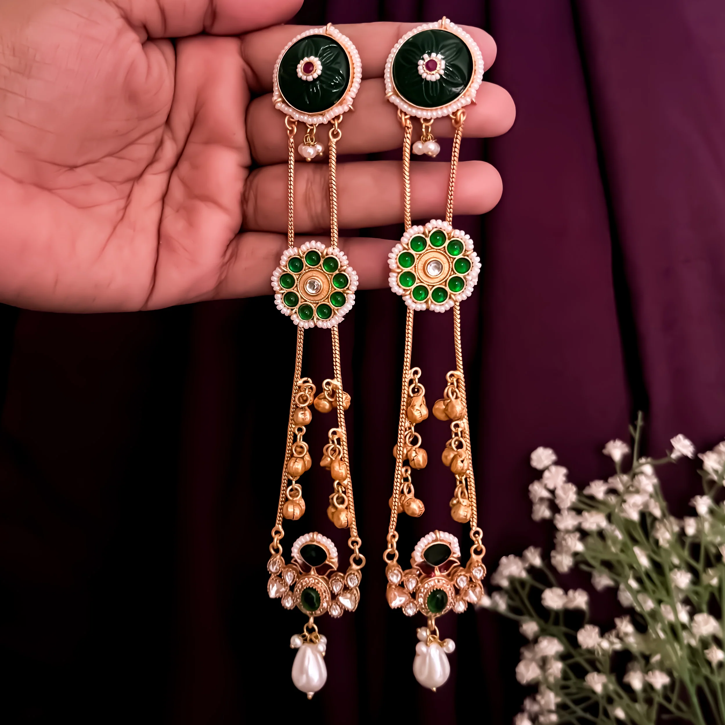Brinda Premium Kashmiri Brass Dejhoor Ghungroo Jhumka Earrings - Green - Image 2