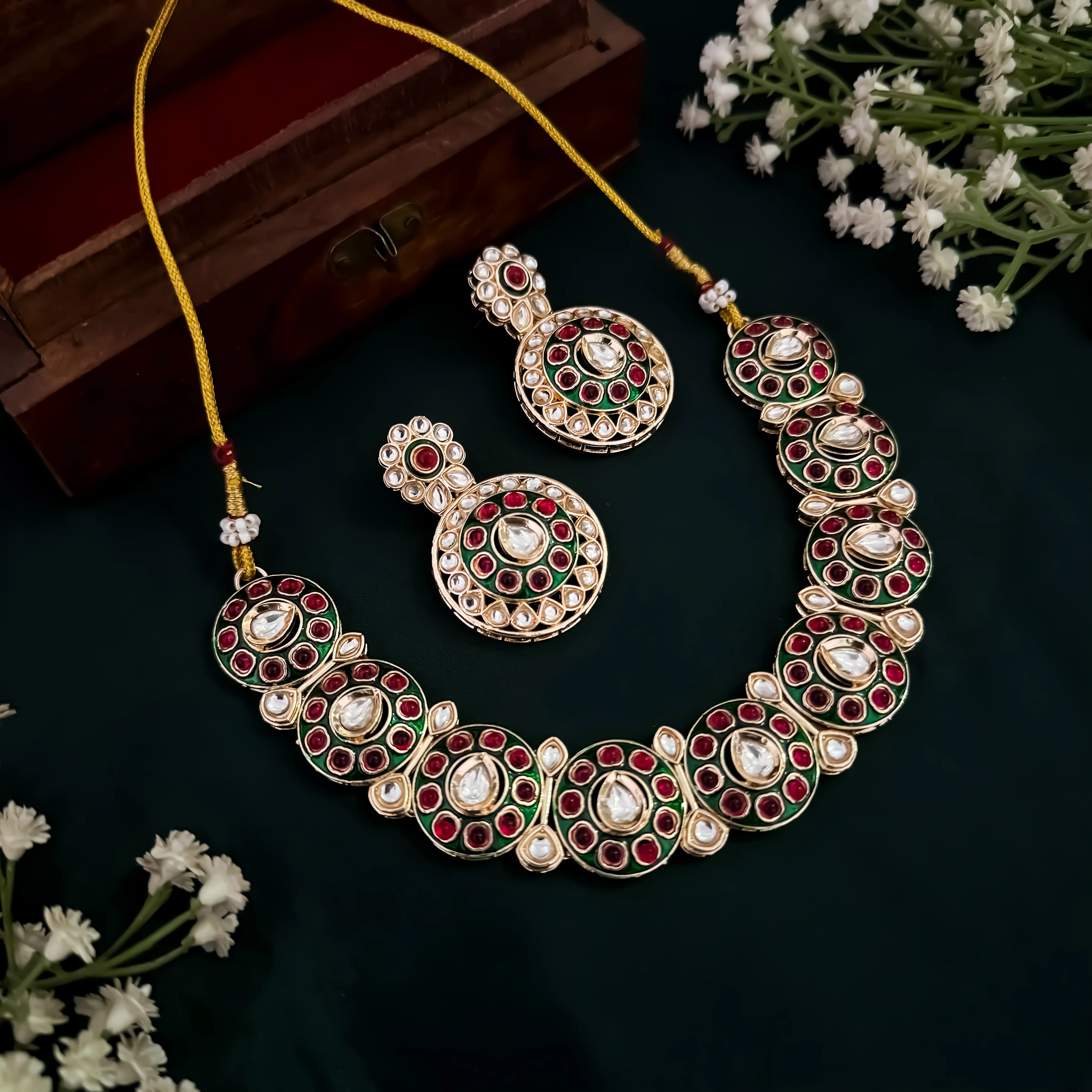 Brinda Kundan Necklace Set- Pink & Green - Image 7