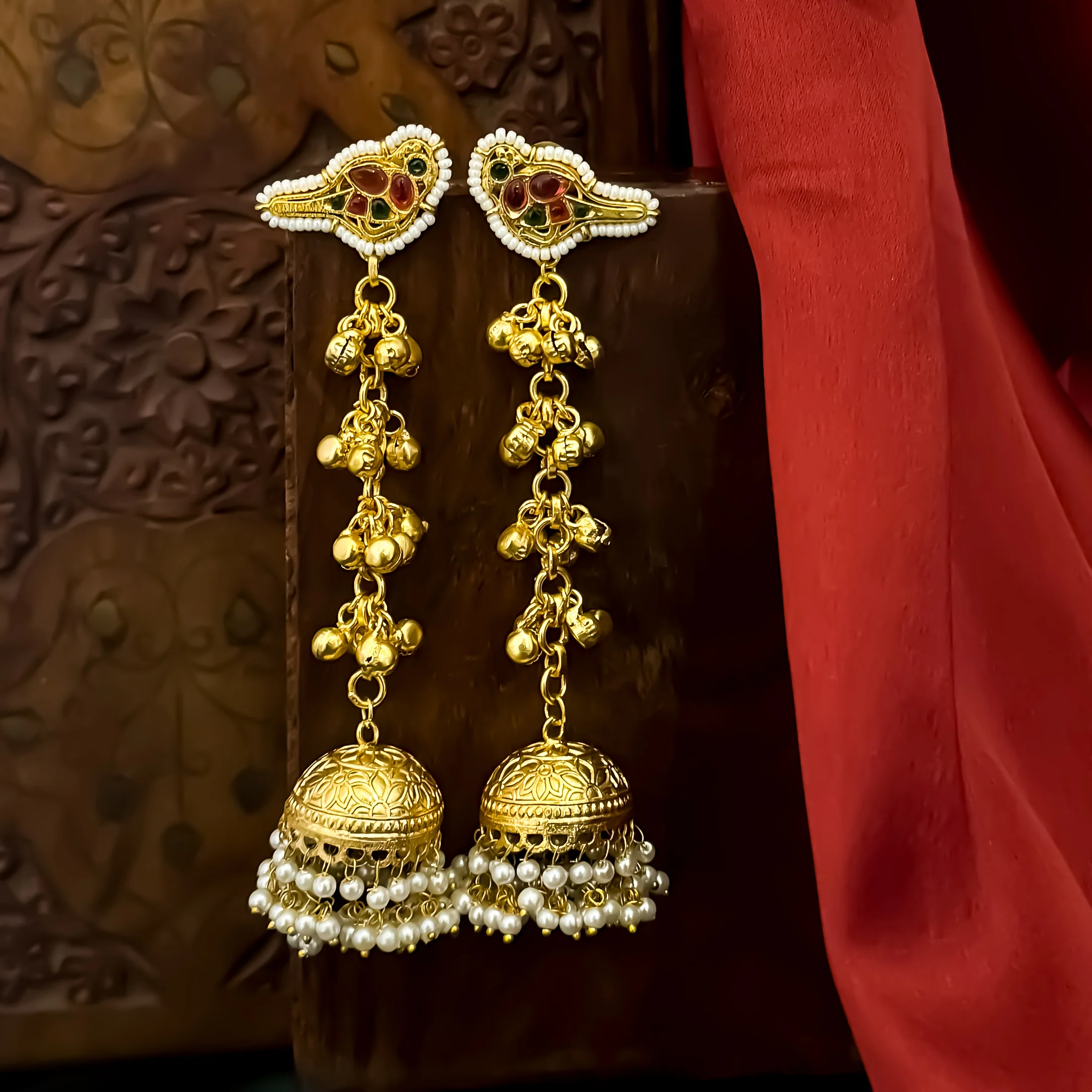 Bulbul Kashmiri Brass Ghungroo Jhumka Earrings - Pink & Green