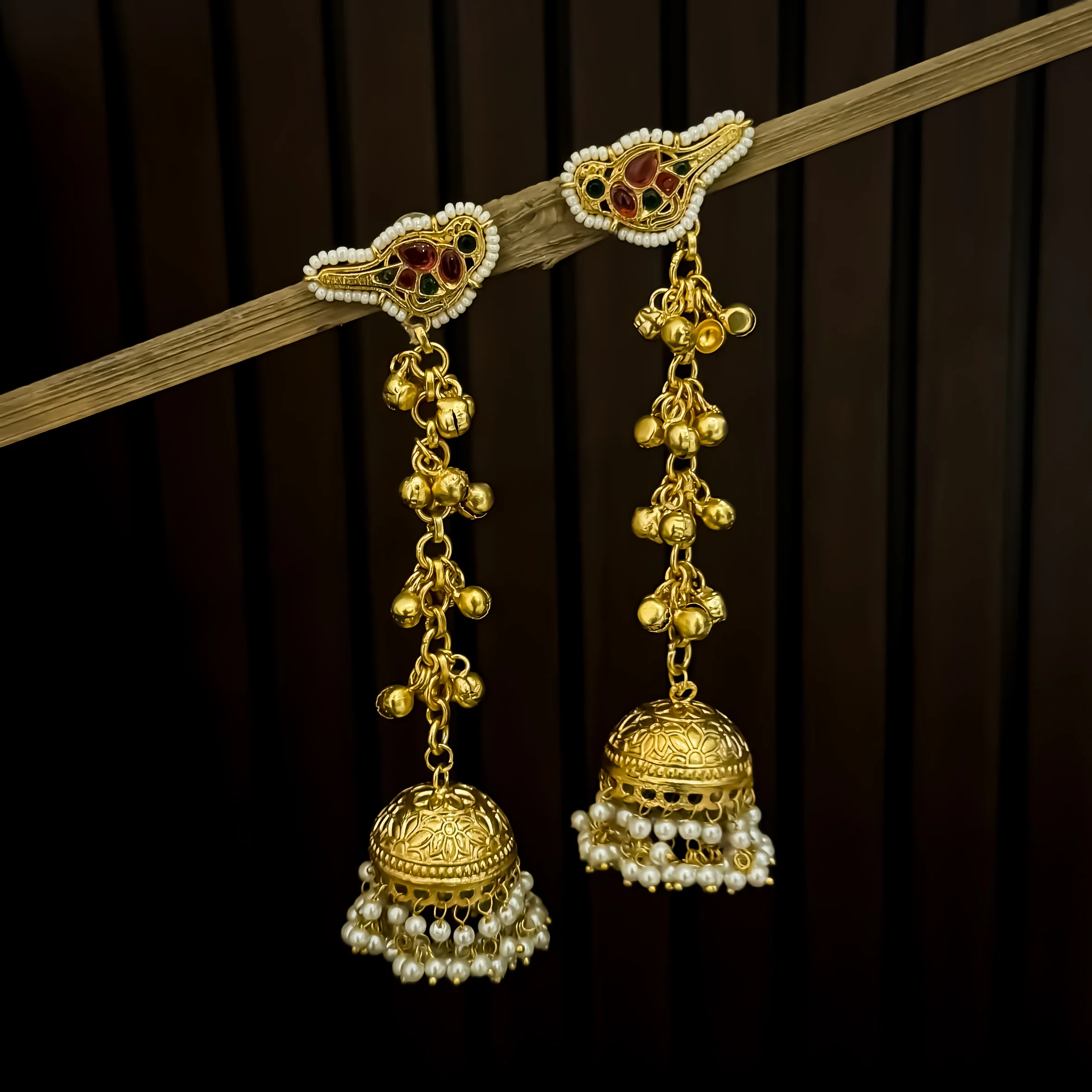Bulbul Kashmiri Brass Ghungroo Jhumka Earrings - Pink & Green - Image 3