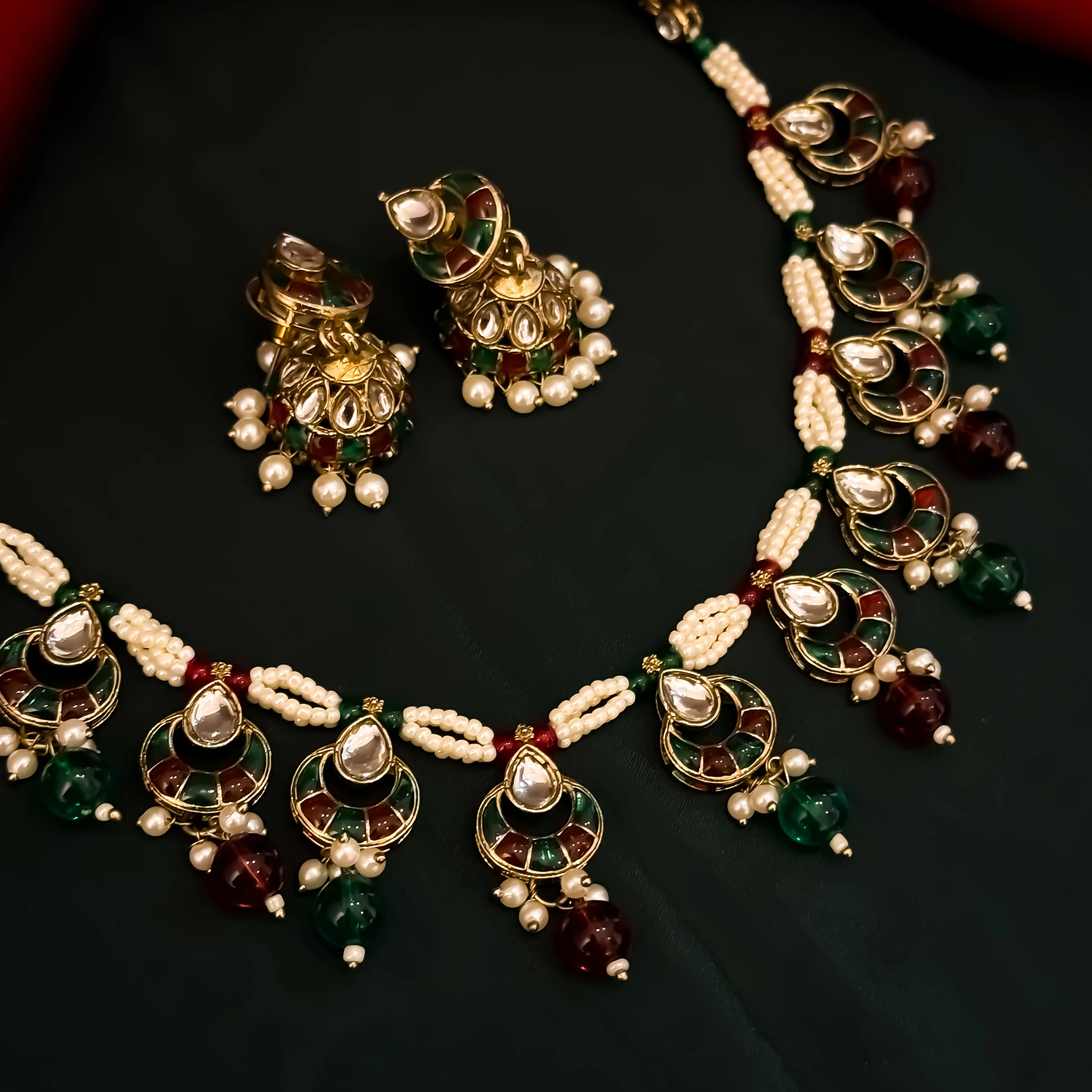 Shradha Premium Kundan Sleek Choker Necklace Set - Maroon & Green - Image 3