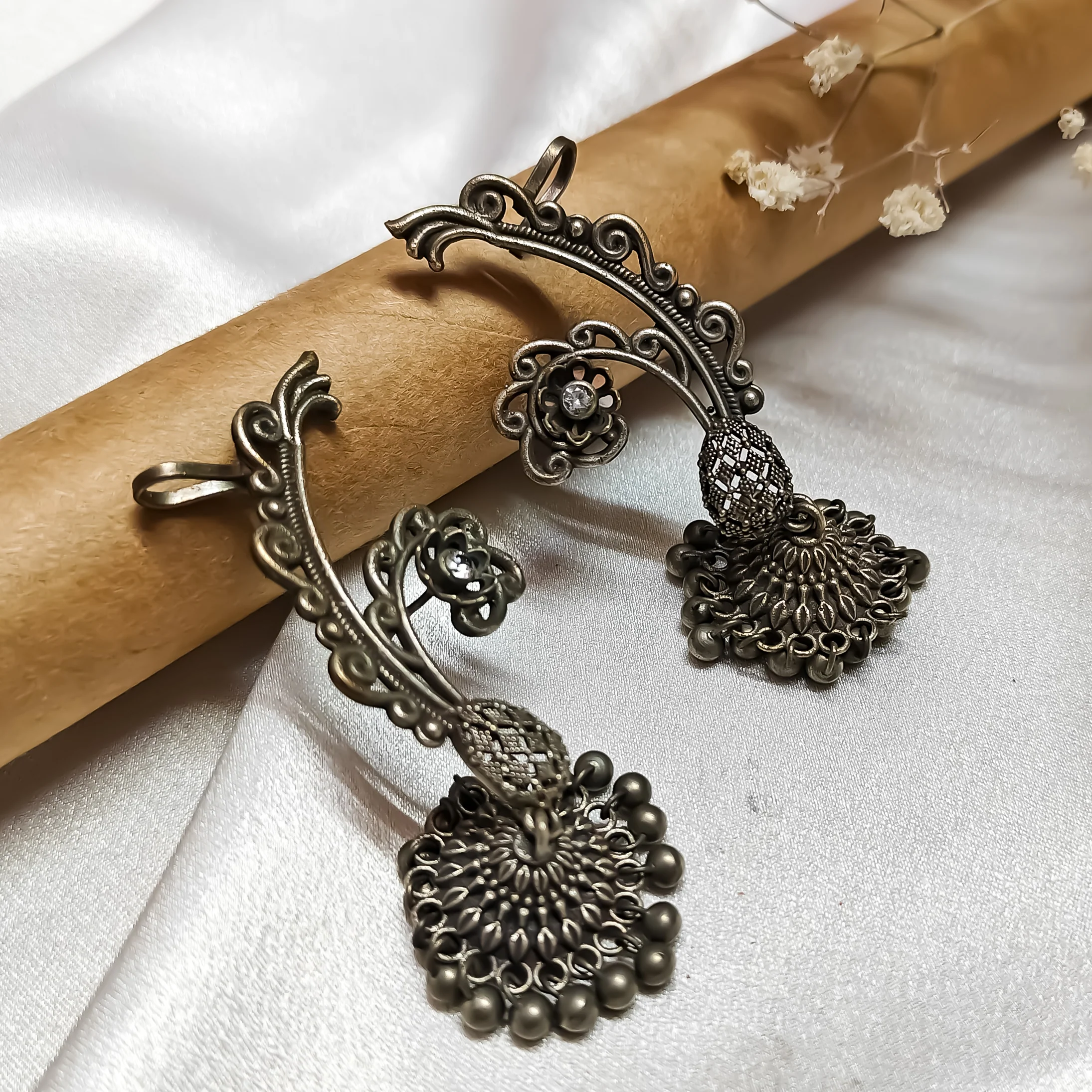 Carved Brass Sla Earcuff Jhumka Earrings