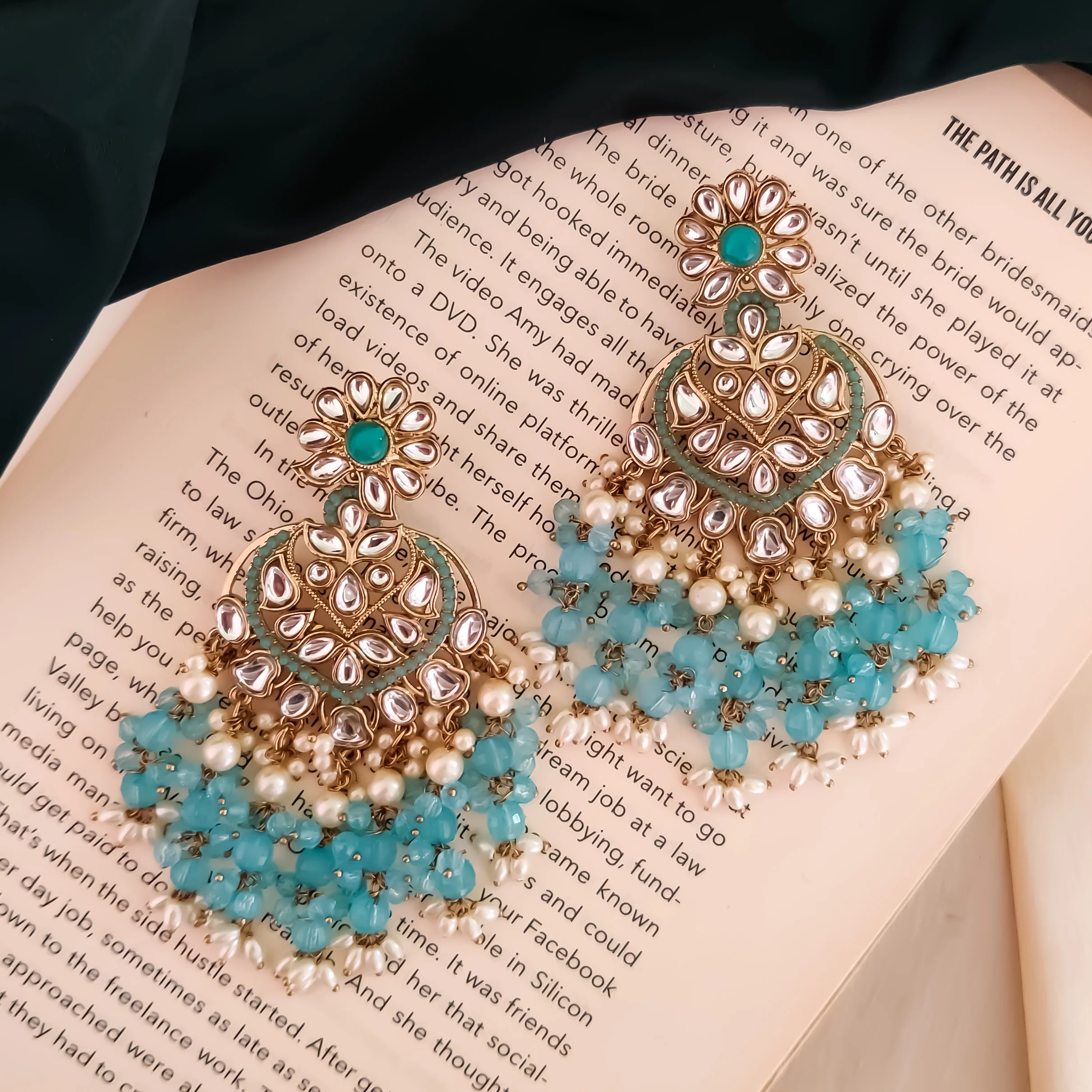 Aayat Kundan Pearl Chandbali Earrings - Sky Blue - Image 3