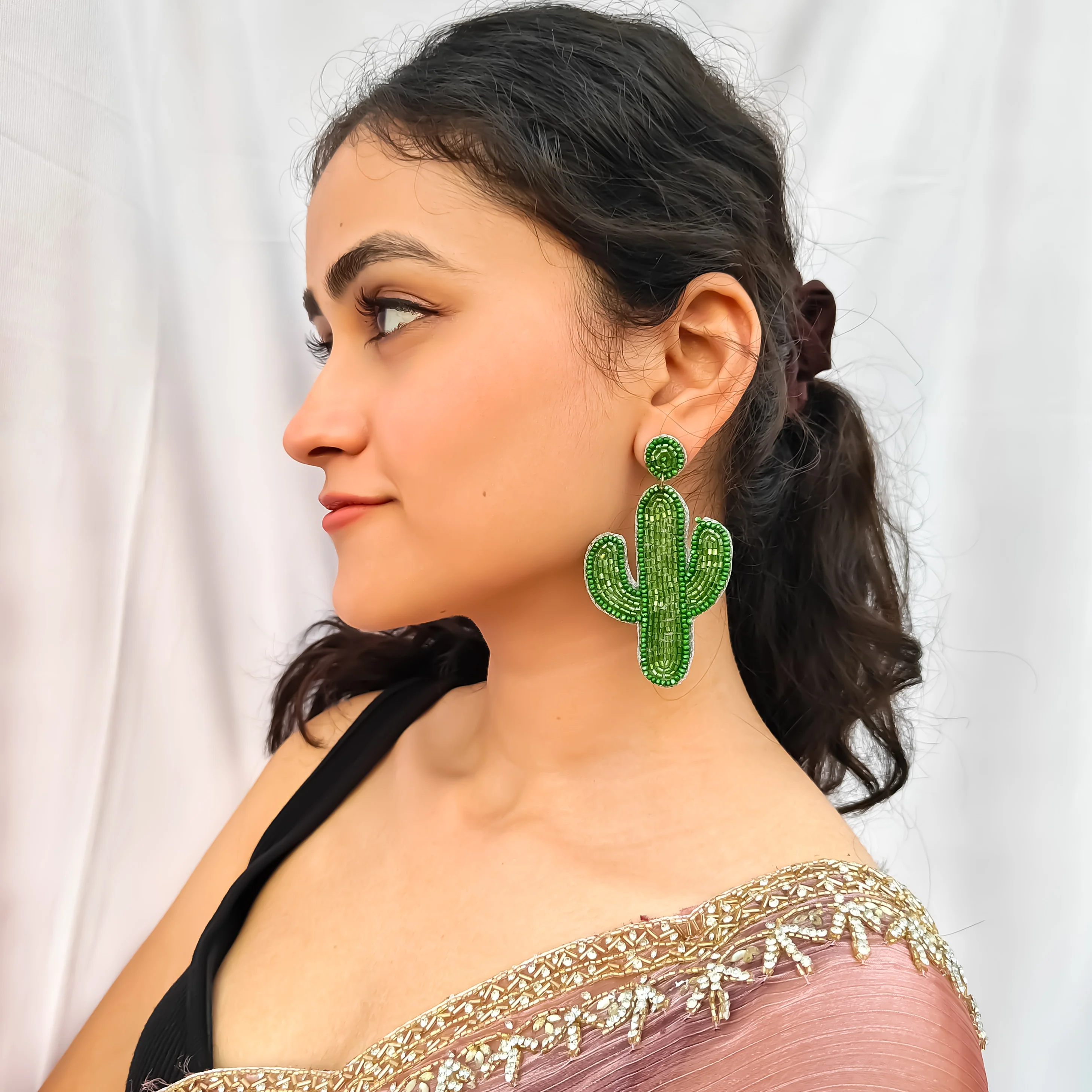 Cute Cactus Hand Embroidered Earrings - Green - Image 3