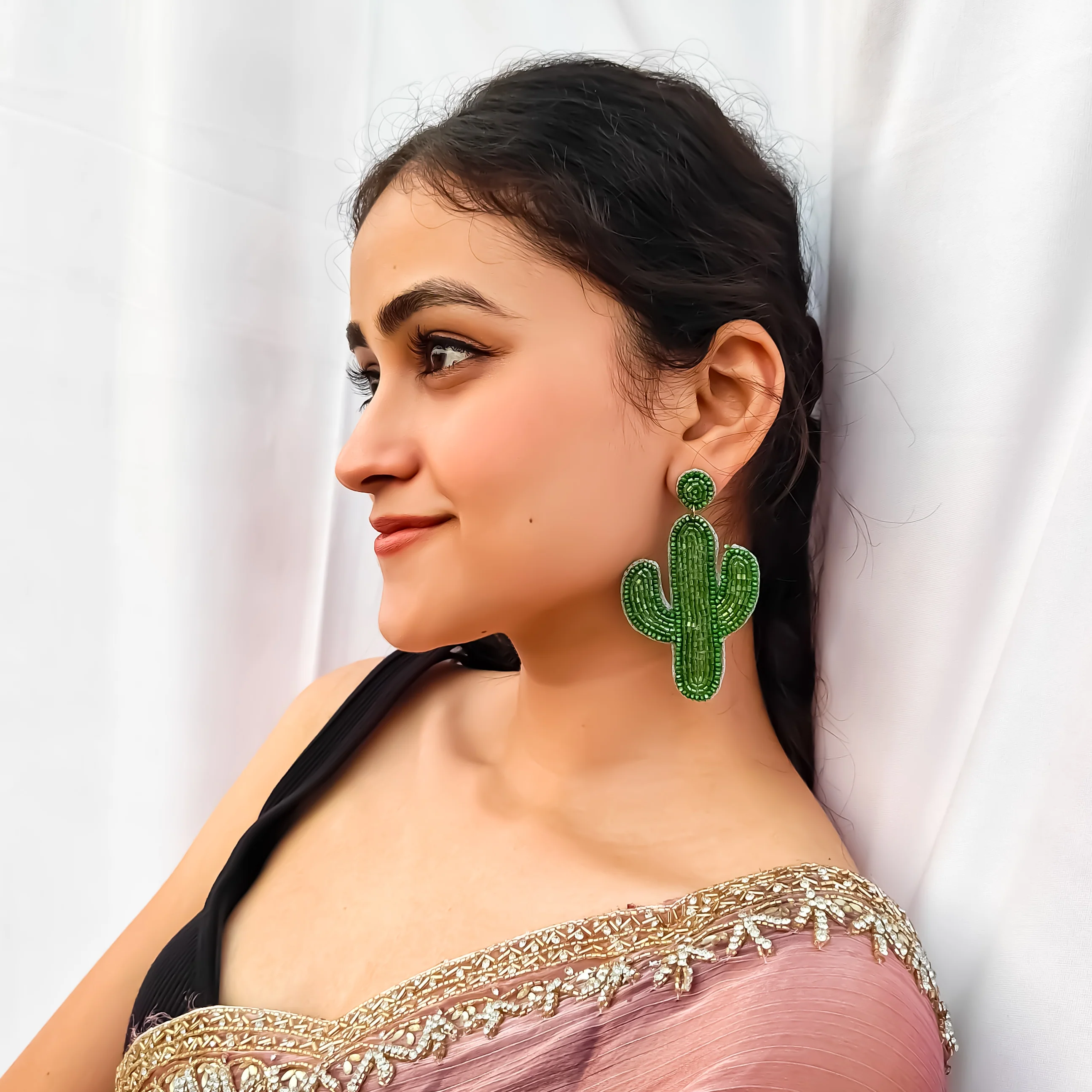Cute Cactus Hand Embroidered Earrings - Green - Image 4