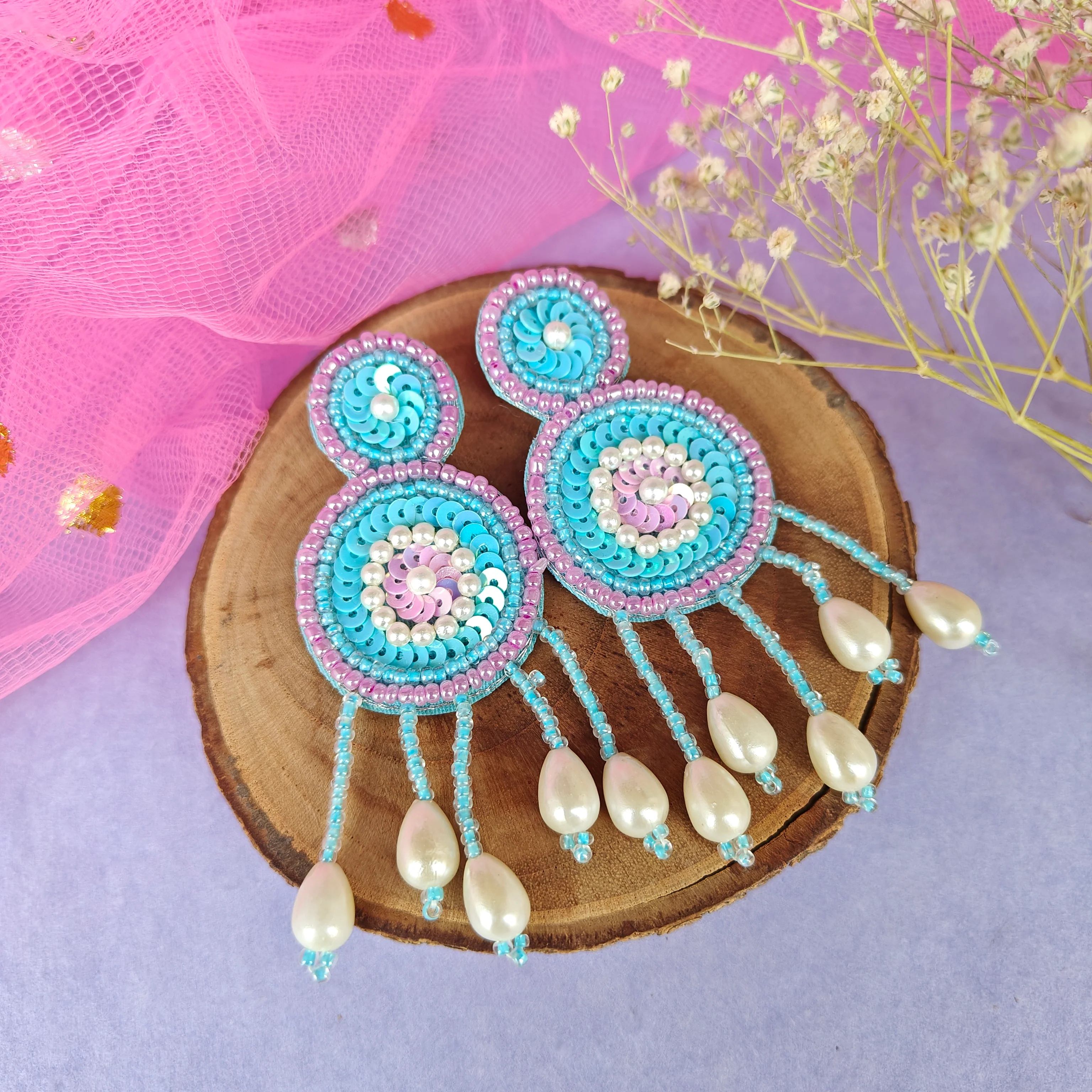 Serah Hand Embroidered Necklace set- Sky Blue - Image 3