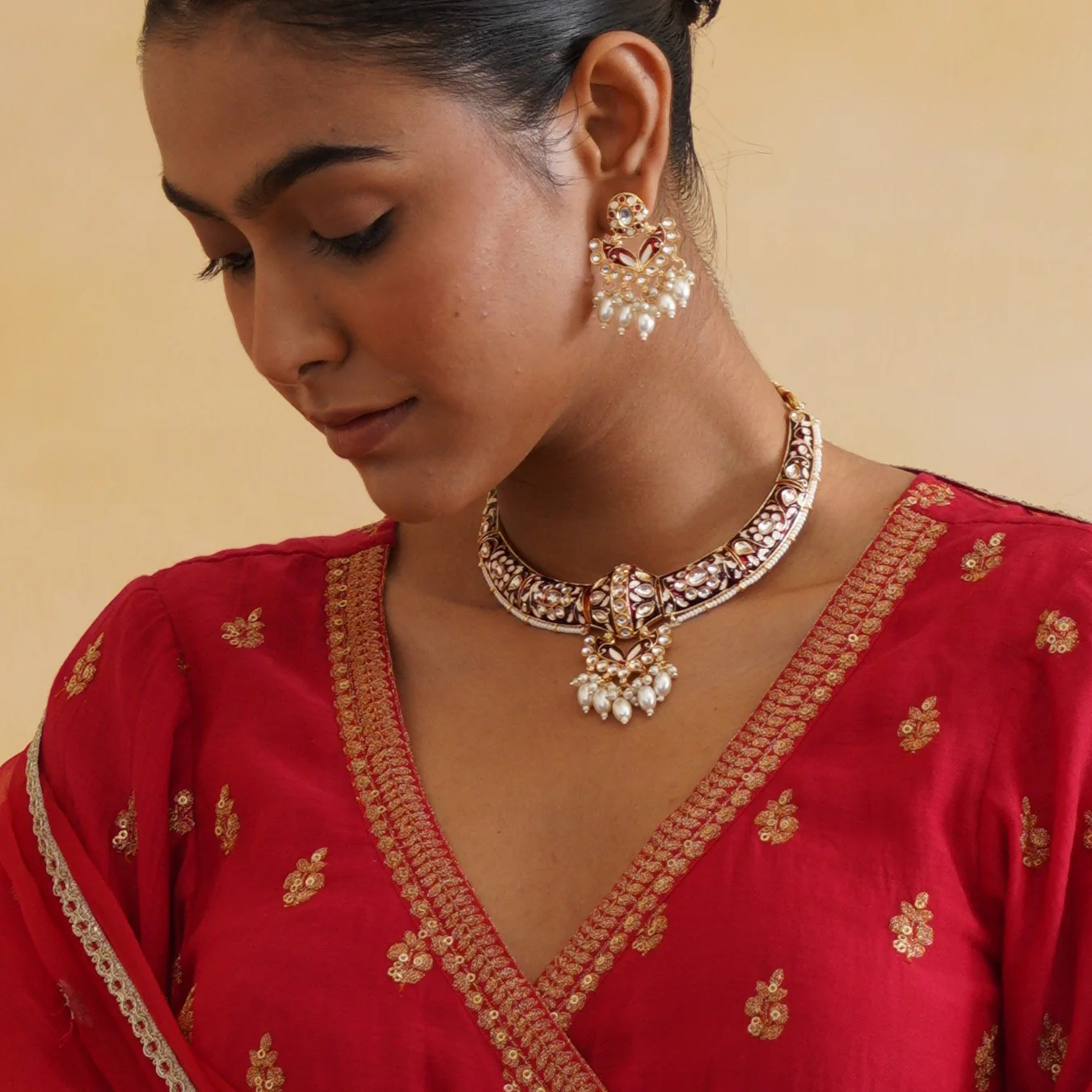 Daraksha Meenakari Hasli Necklace Set - Maroon - Image 3