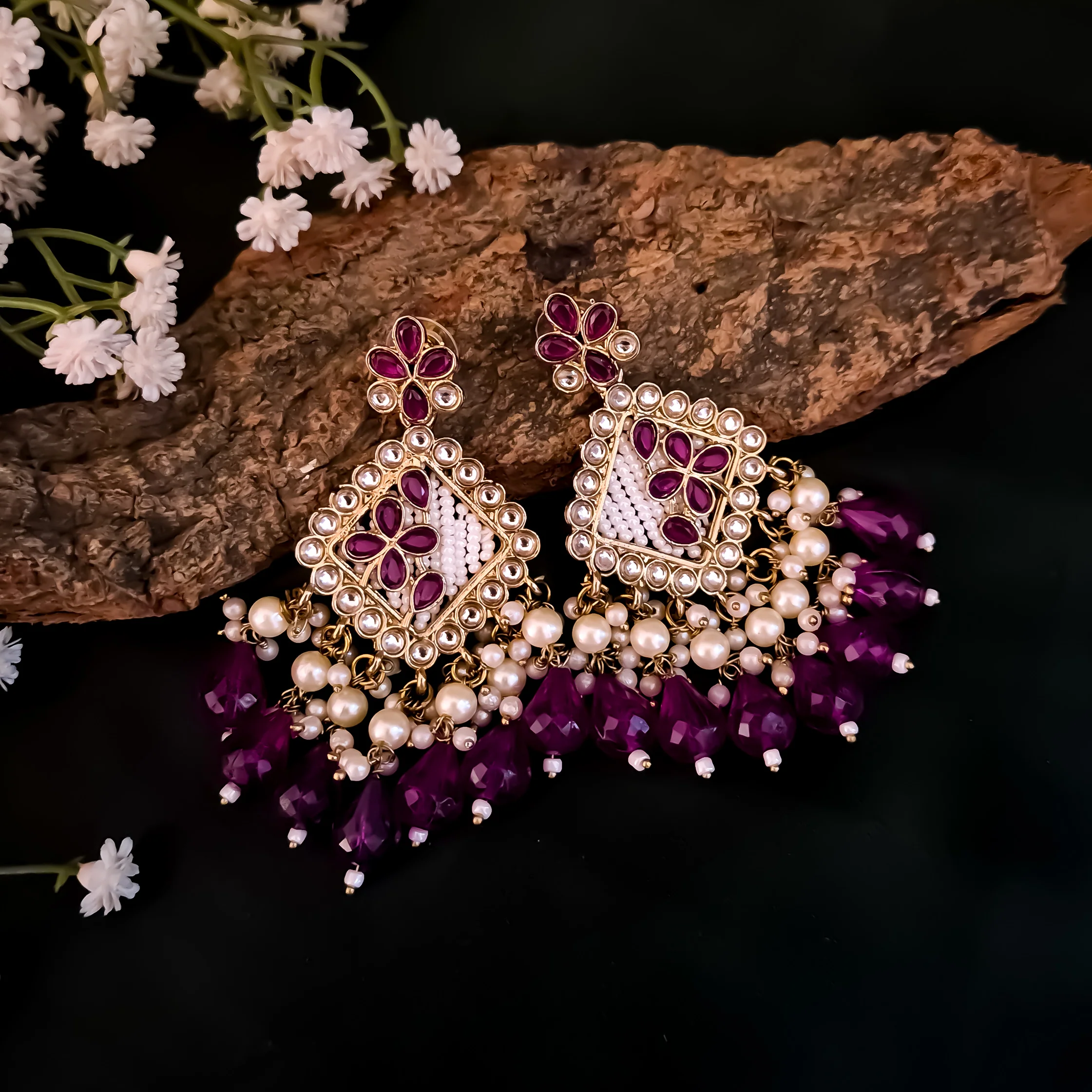 Jayati Kundan Pearl Earrings - Purple - Image 2