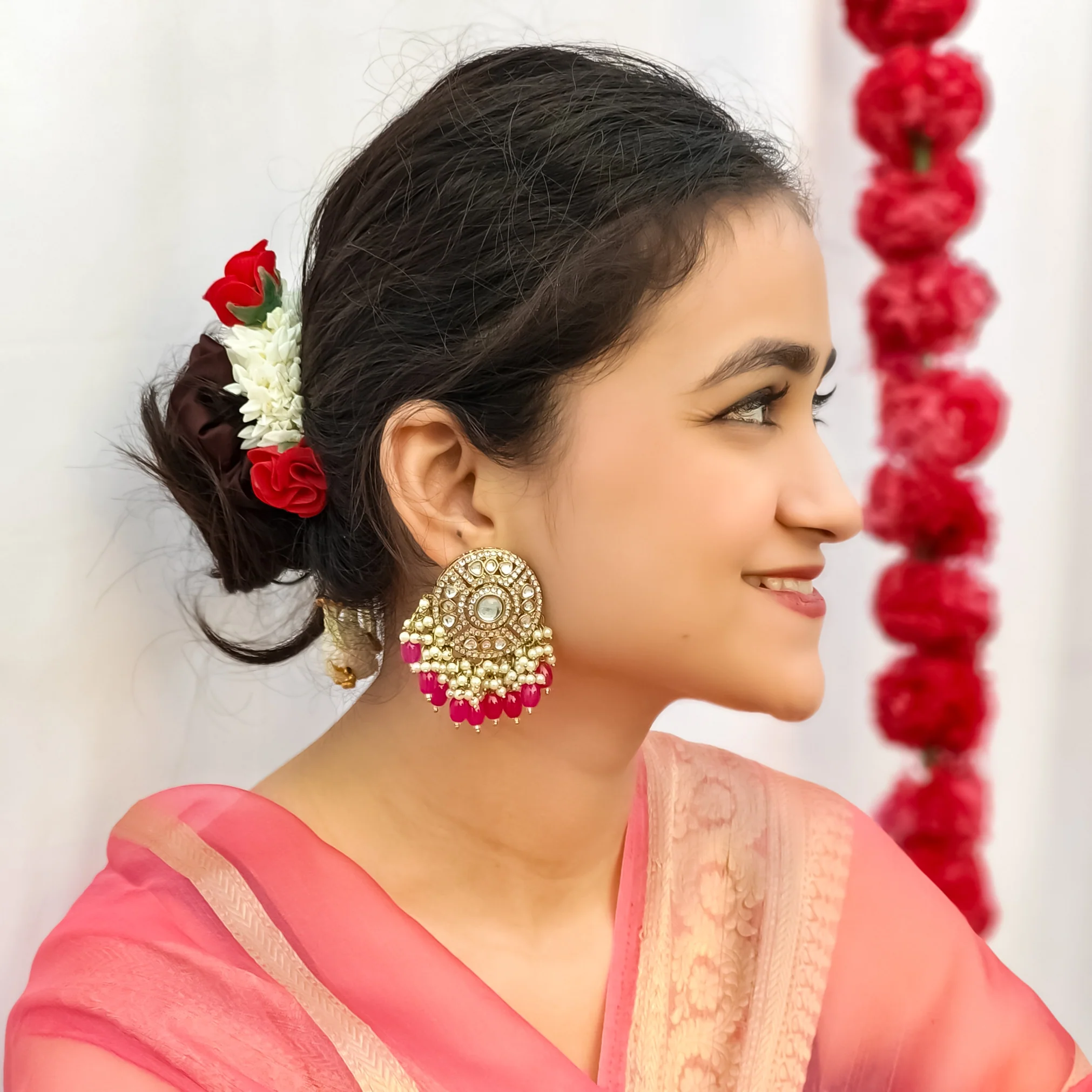 Jiya Dabi Kundan Earrings- Hot Pink - Image 3