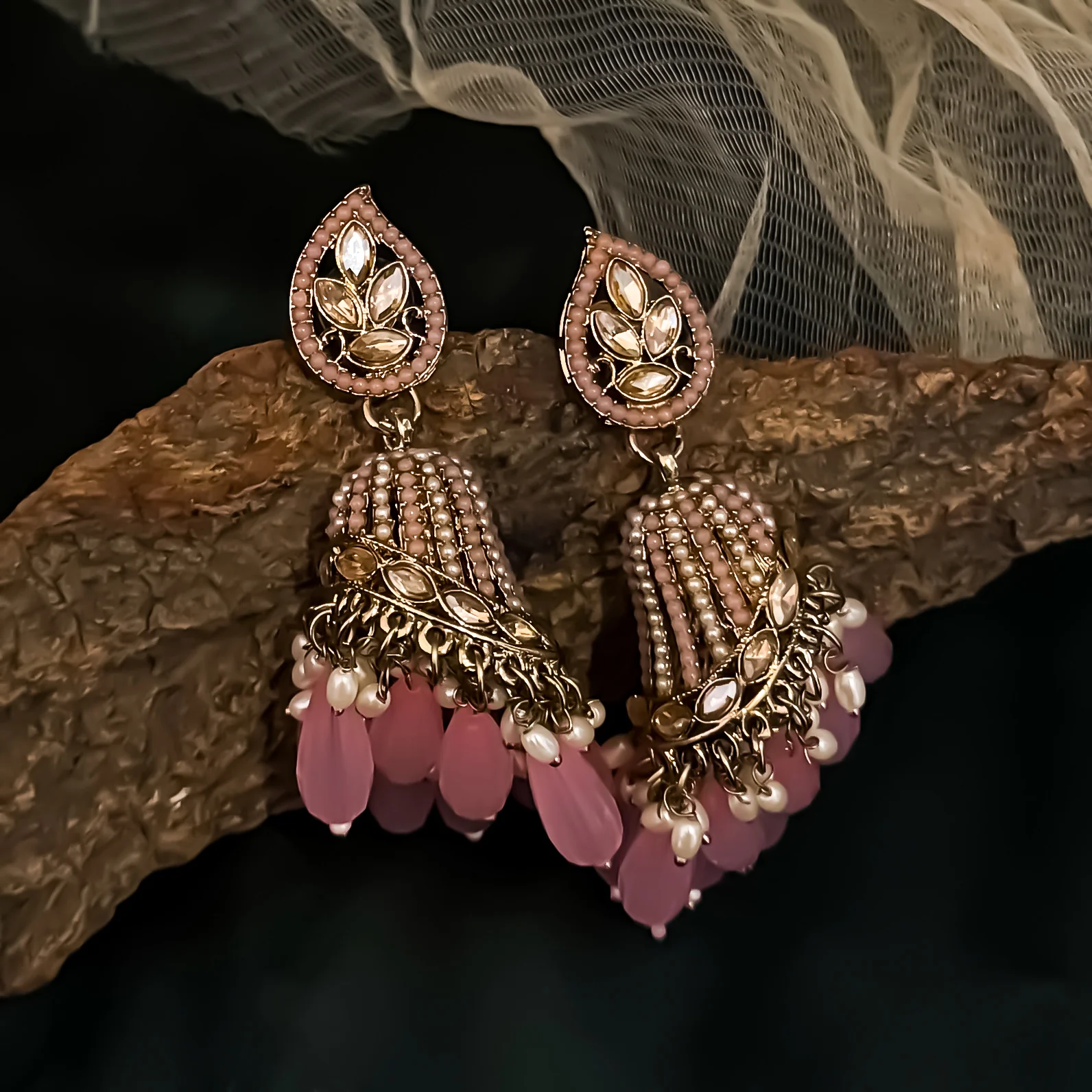 Maheer Jadau Jhumka Earrings - Baby Pink - Image 3