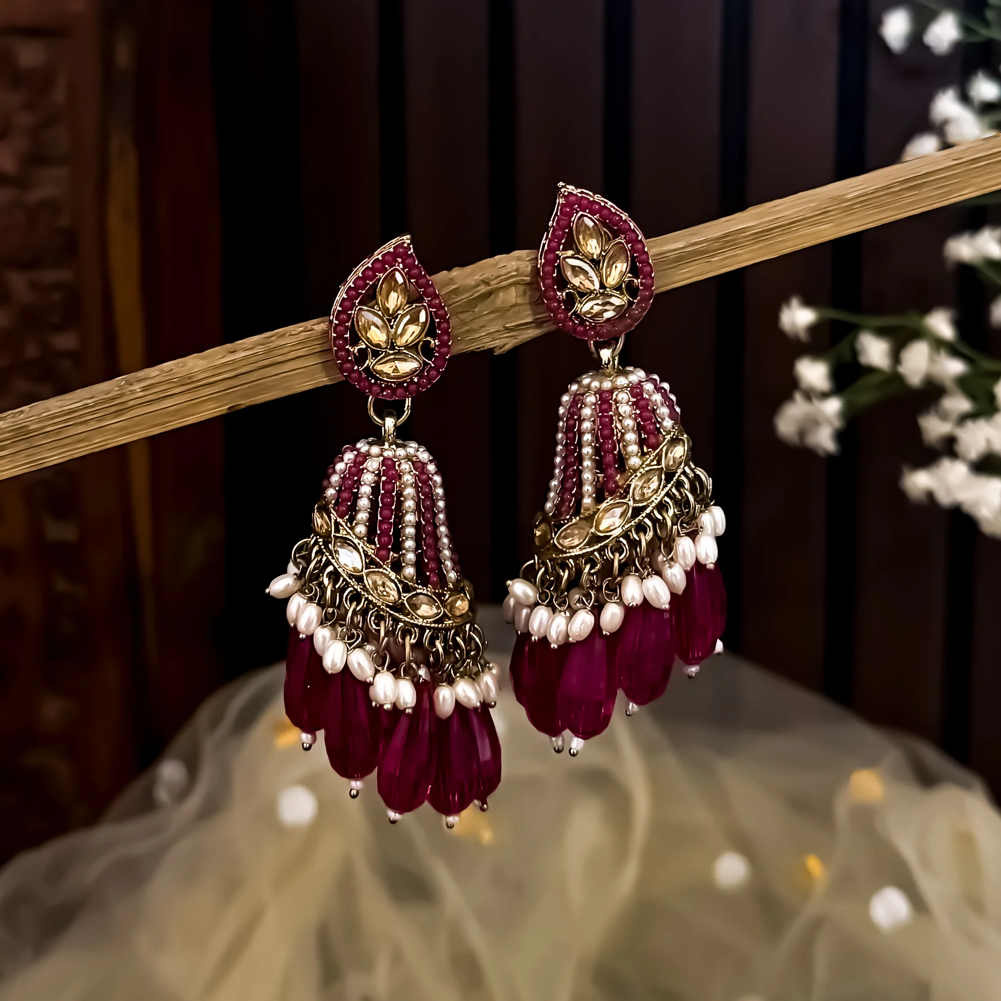 Maheer Jadau Jhumka Earrings - Hot Pink