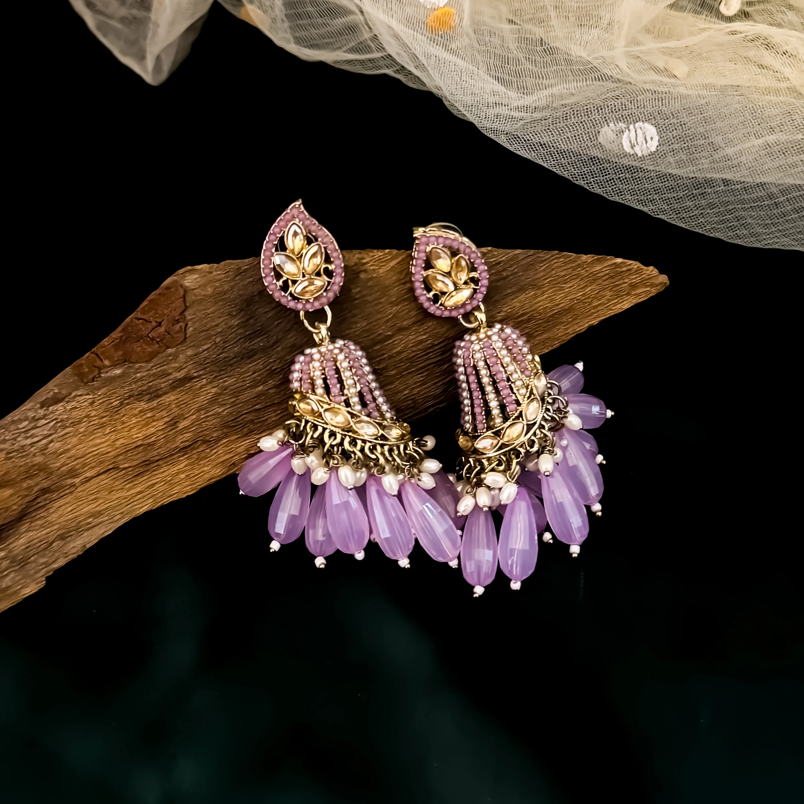 Maheer Jadau Jhumka Earrings - Lavender - Image 2