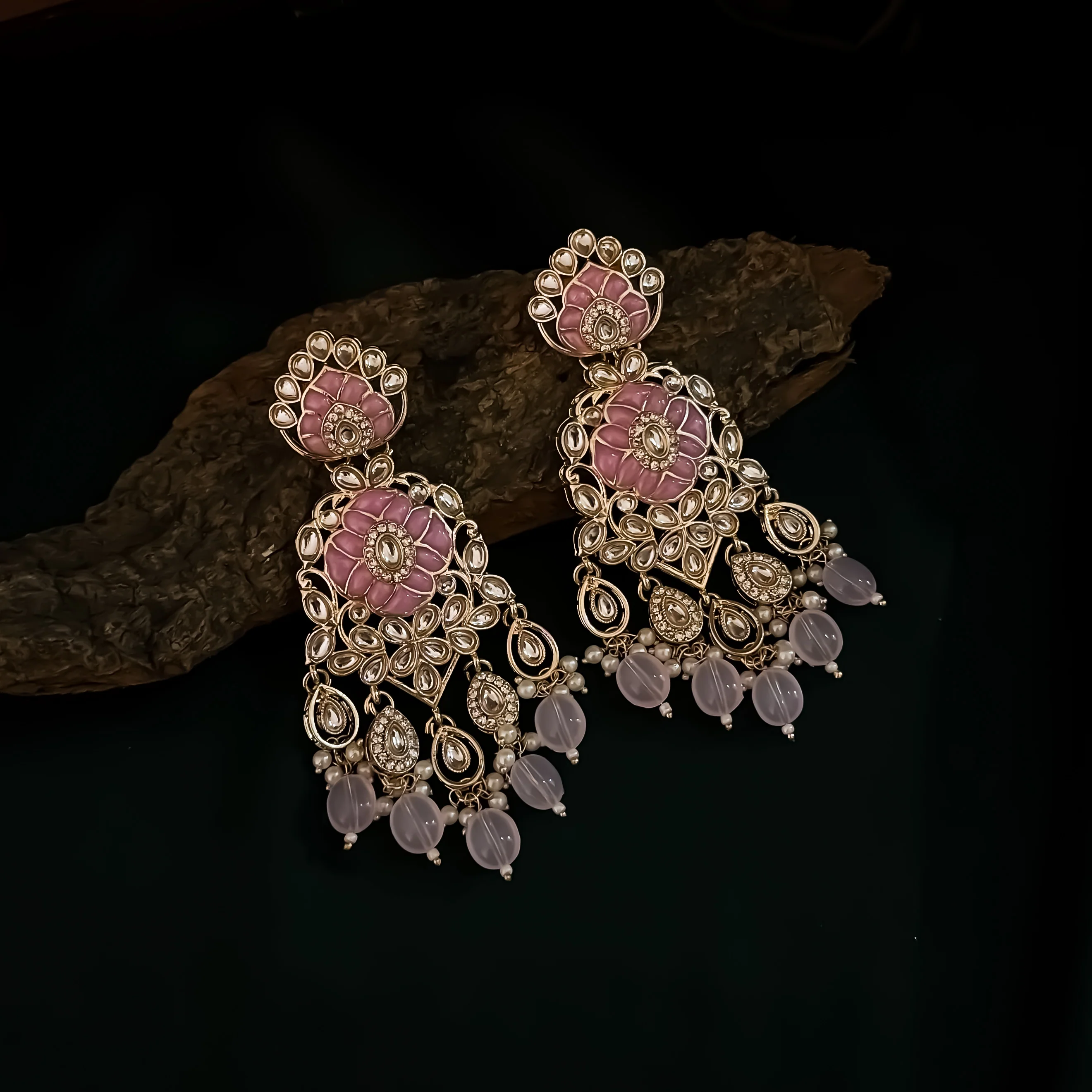 Medha Meenakari Pearl Chandbali Earrings - Baby Pink - Image 2