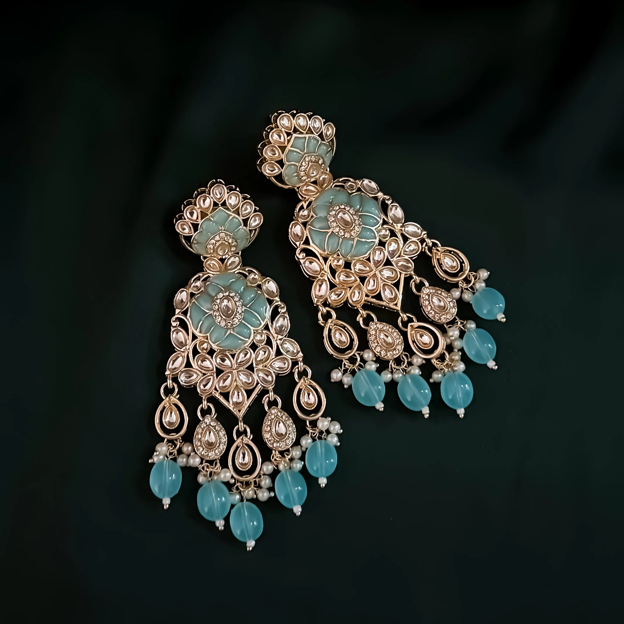 Medha Meenakari Pearl Chandbali Earrings - Sky Blue - Image 3