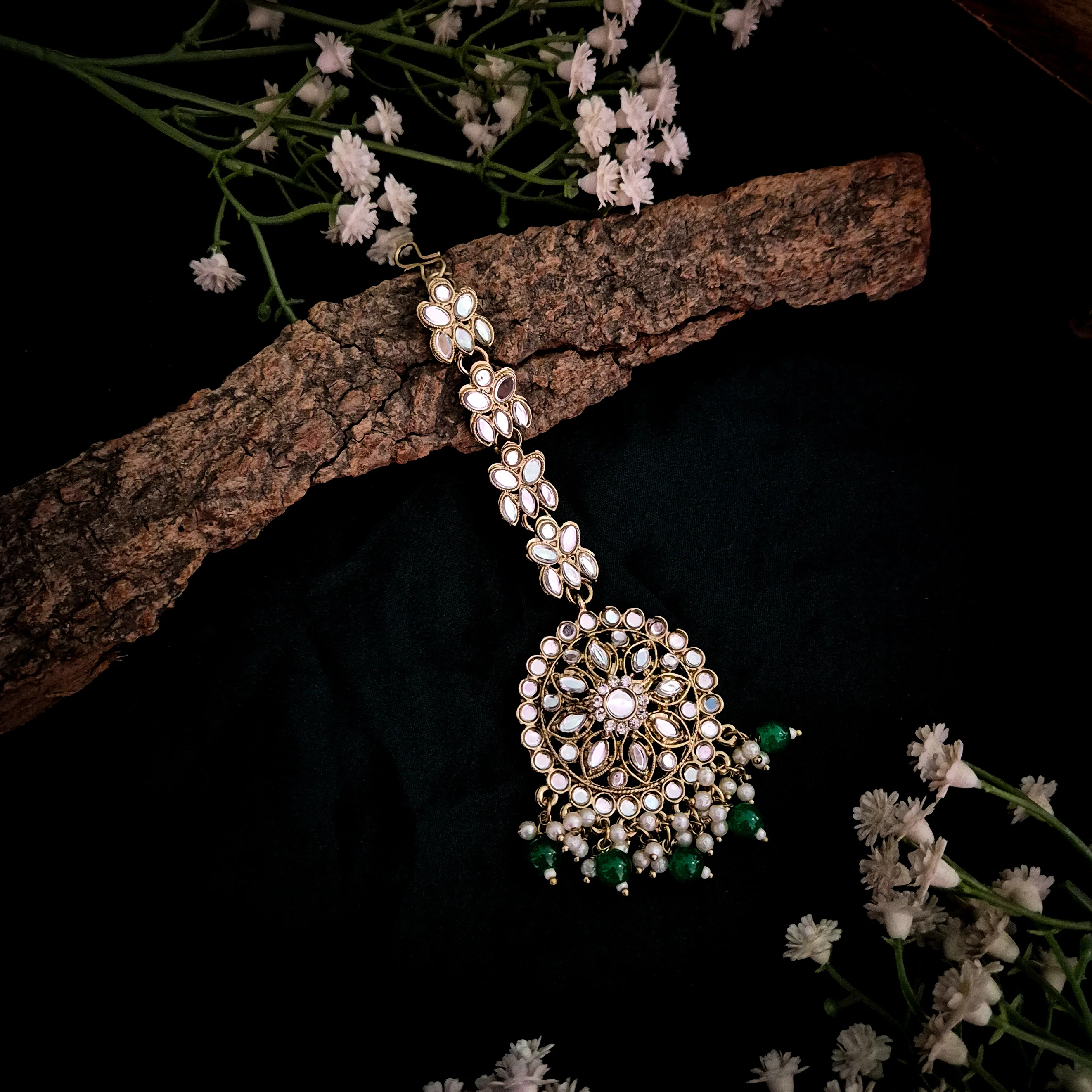 Mehek Mirror Jhumka Earrings with Sahara & Teeka- Green - Image 5