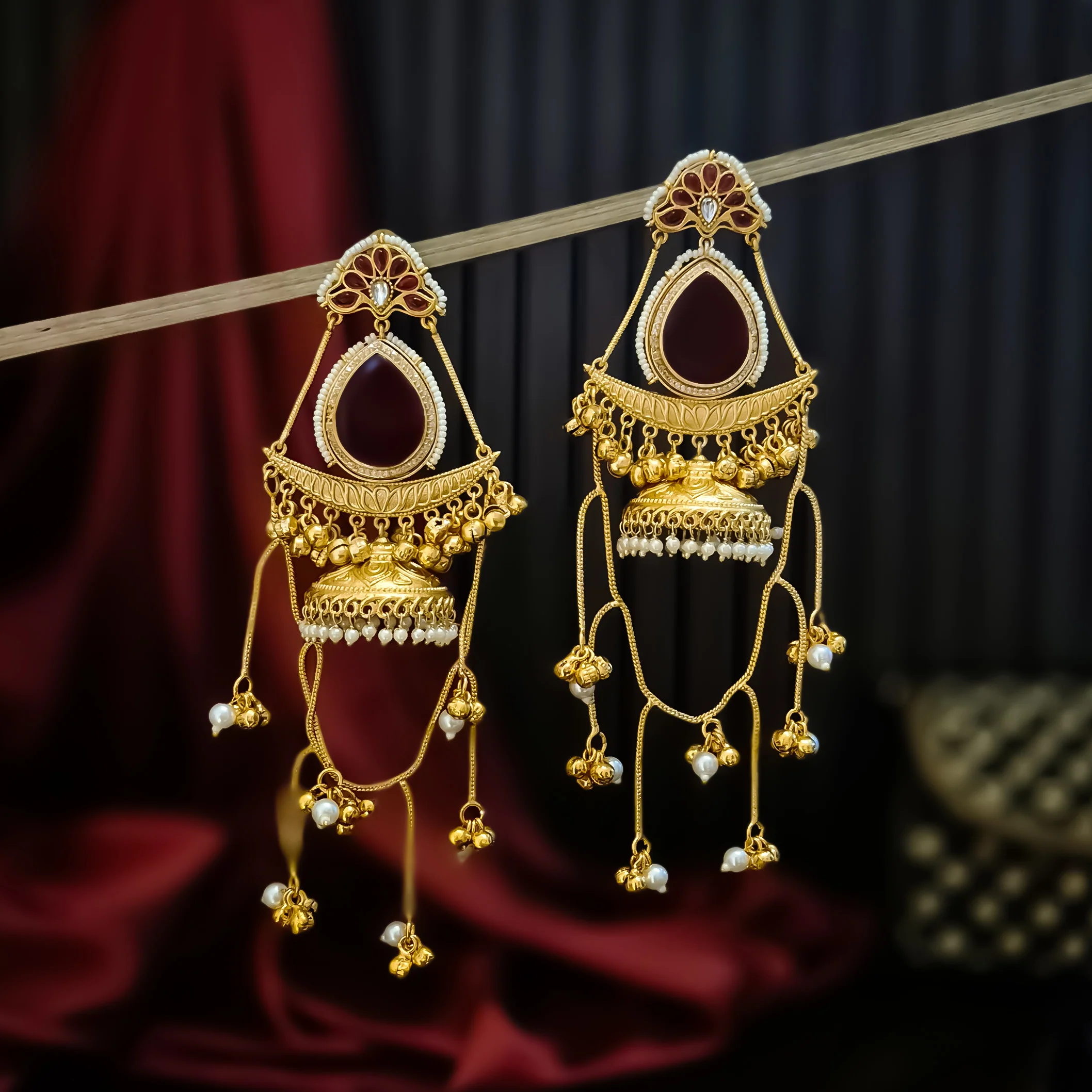 Midha Kashmiri Brass Dejhoor Ghungroo Jhumka Earrings - Maroon