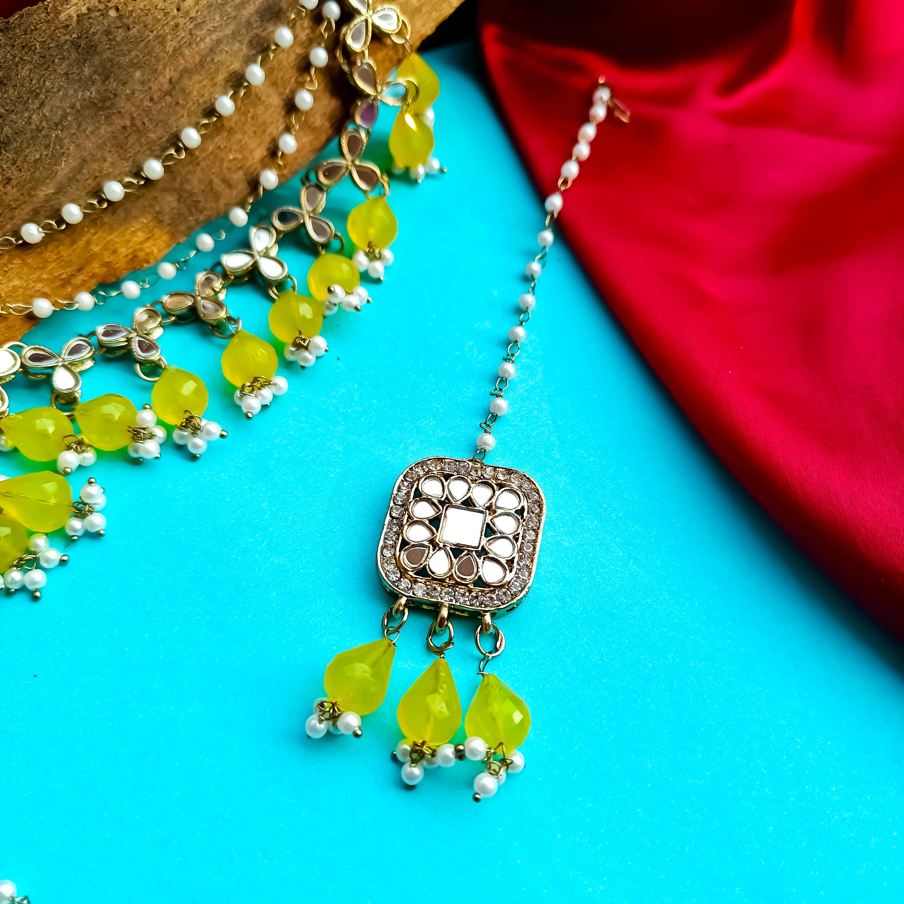 Mohika Mirror Jhumka Earrings with Sahara & Tika Set - Yellow - Image 3