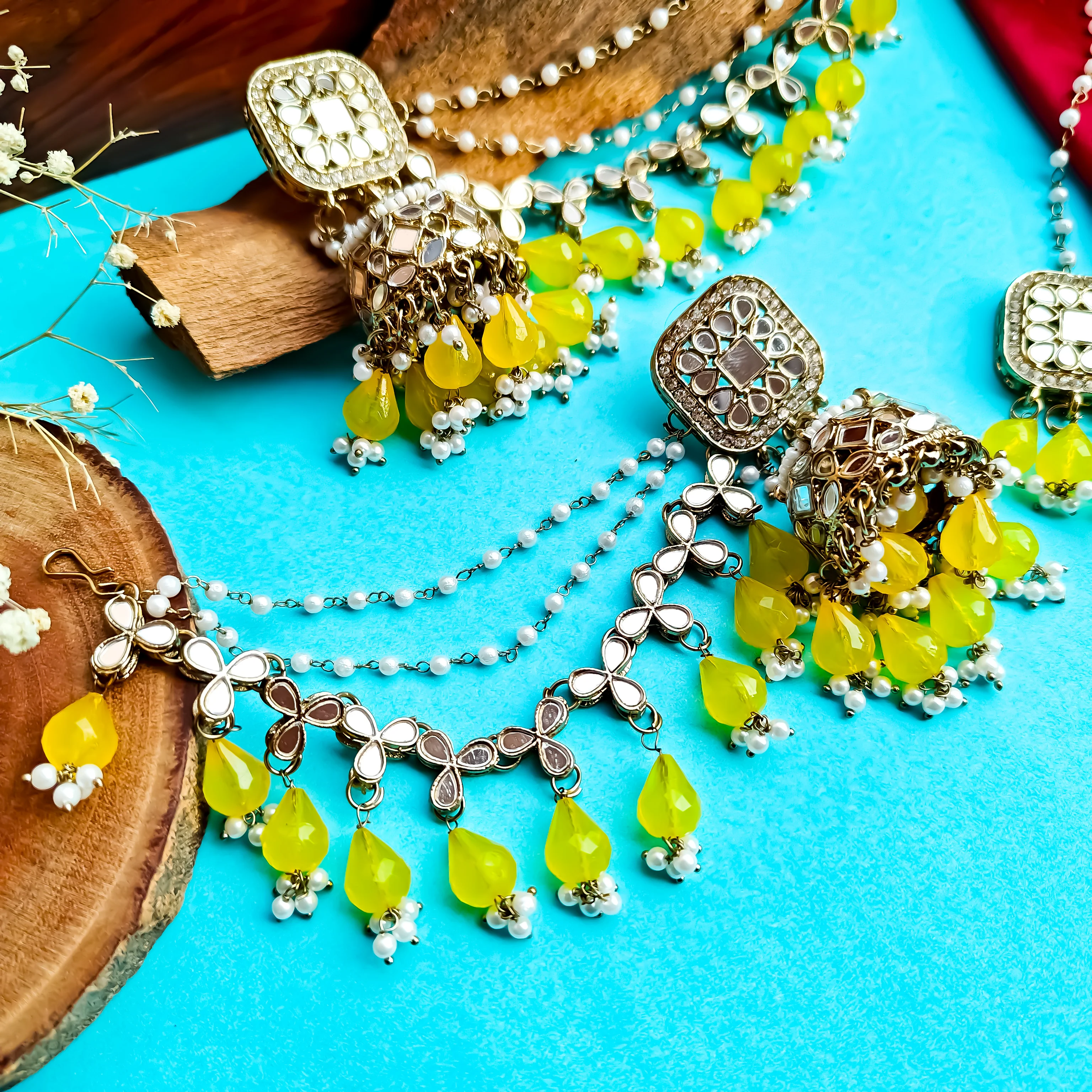 Mohika Mirror Jhumka Earrings with Sahara & Tika Set - Yellow - Image 4