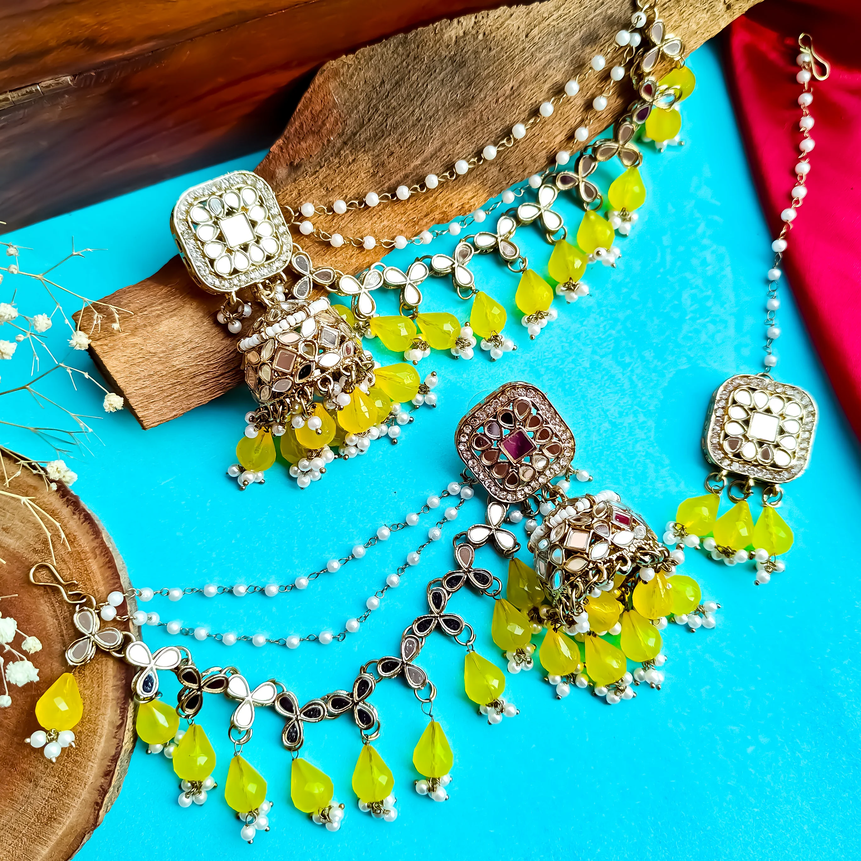 Mohika Mirror Jhumka Earrings with Sahara & Tika Set - Yellow - Image 5