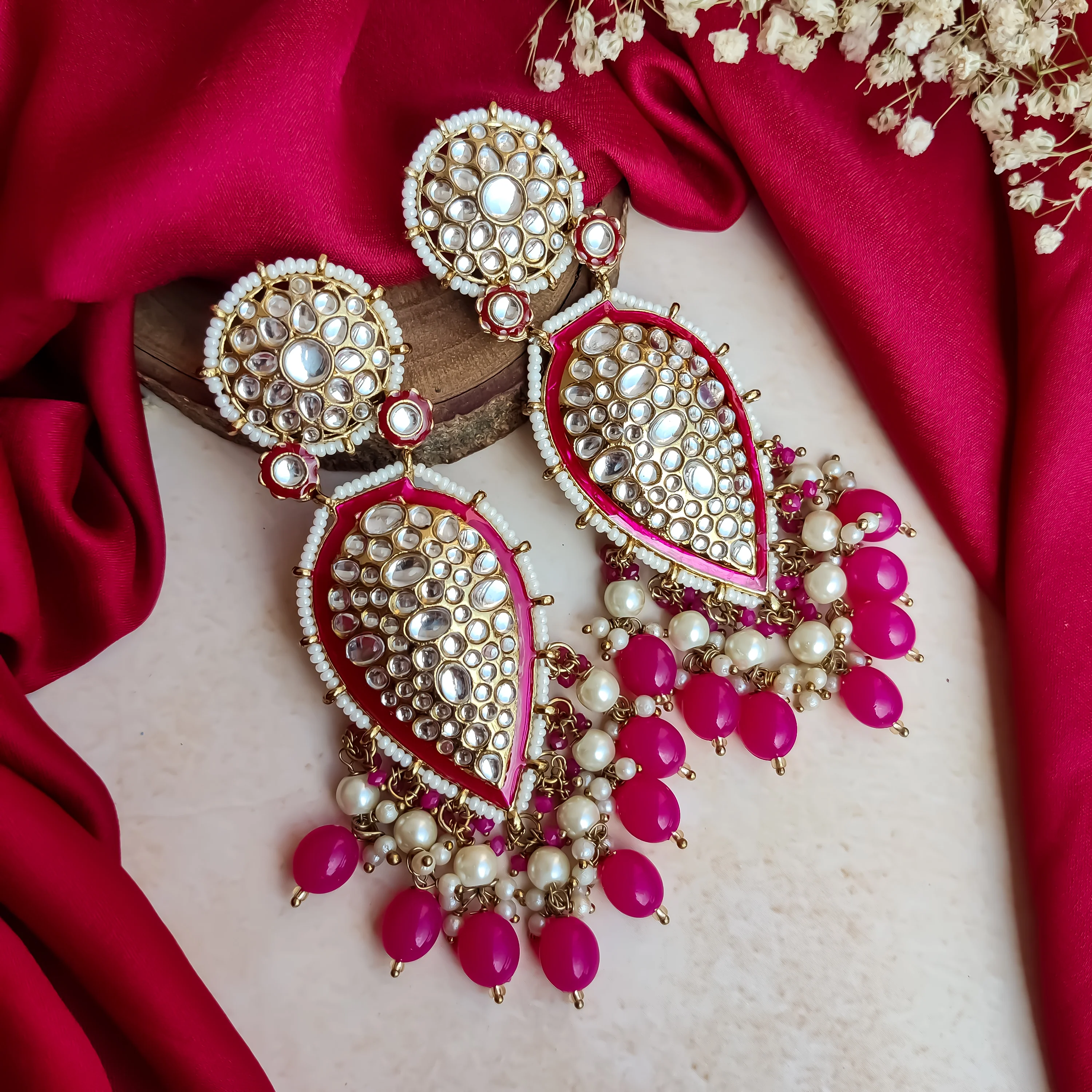 Jannat Pearl Drop Dangler Chandbali Earring - Pink - Image 4