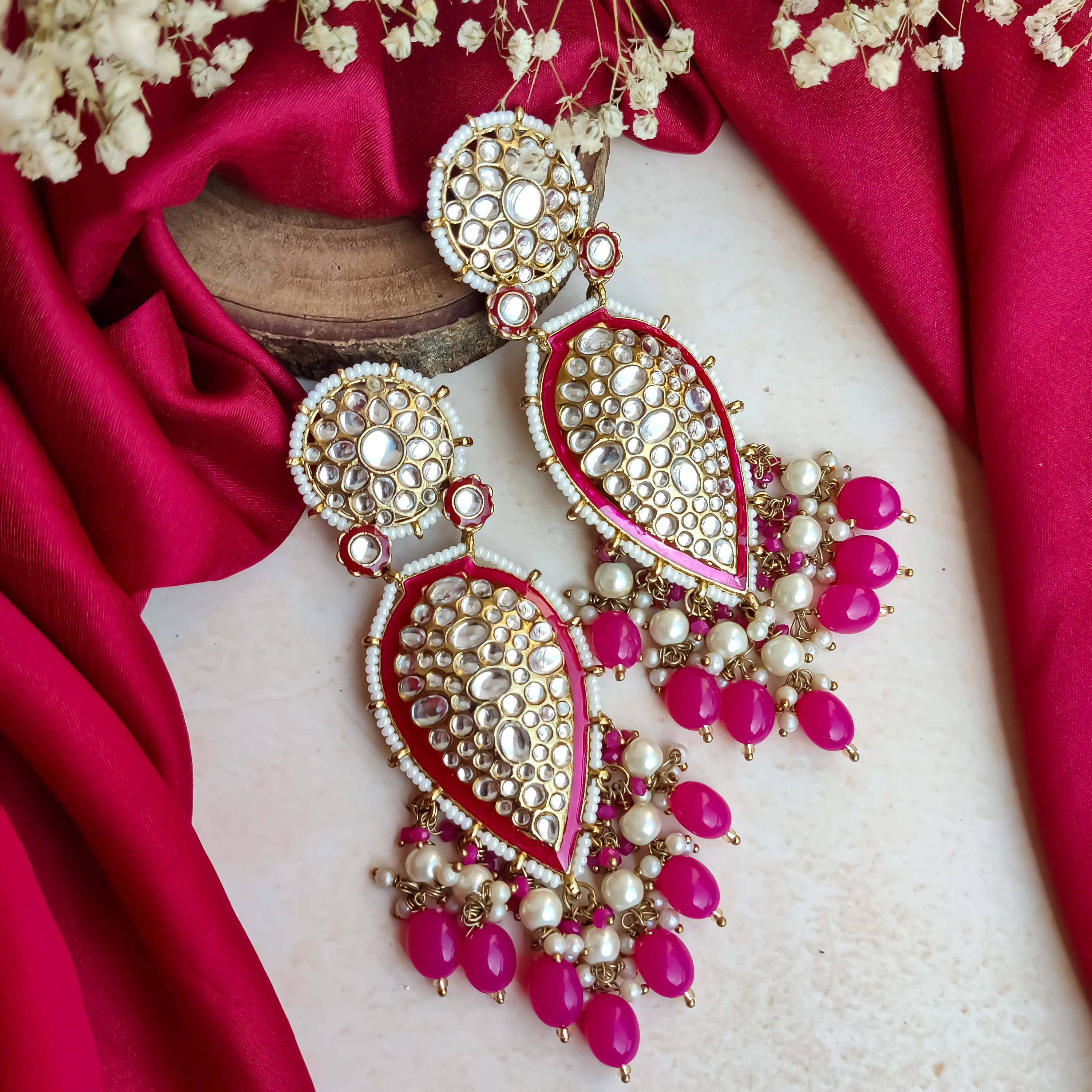 Jannat Pearl Drop Dangler Chandbali Earring - Pink - Image 5