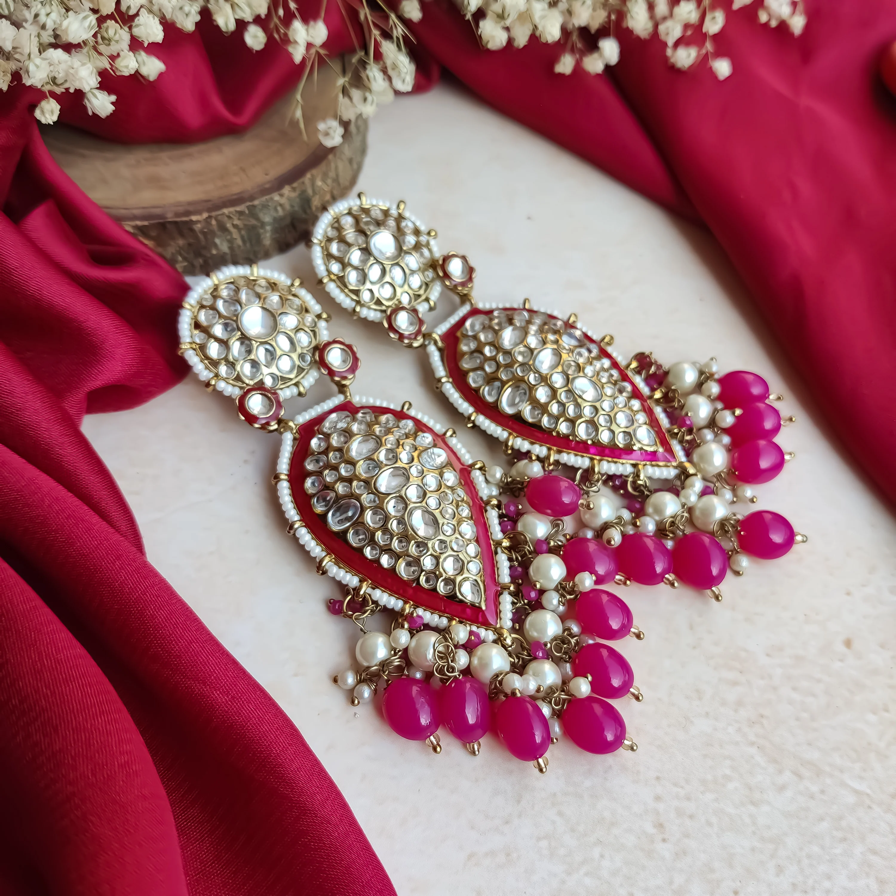 Jannat Pearl Drop Dangler Chandbali Earring - Pink - Image 6