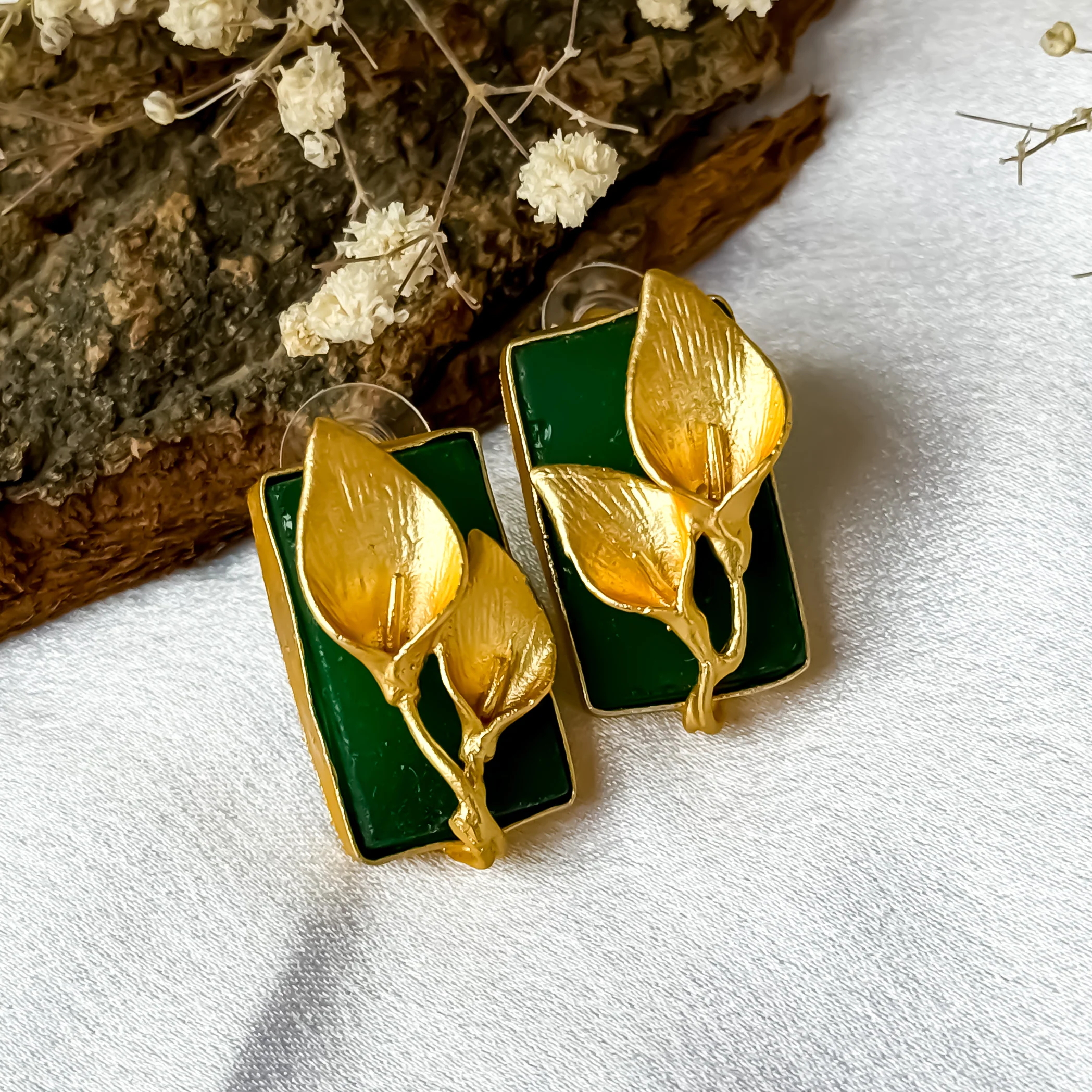 Uncut Natural Druzzy stone Brass Earrings - Green - Image 3