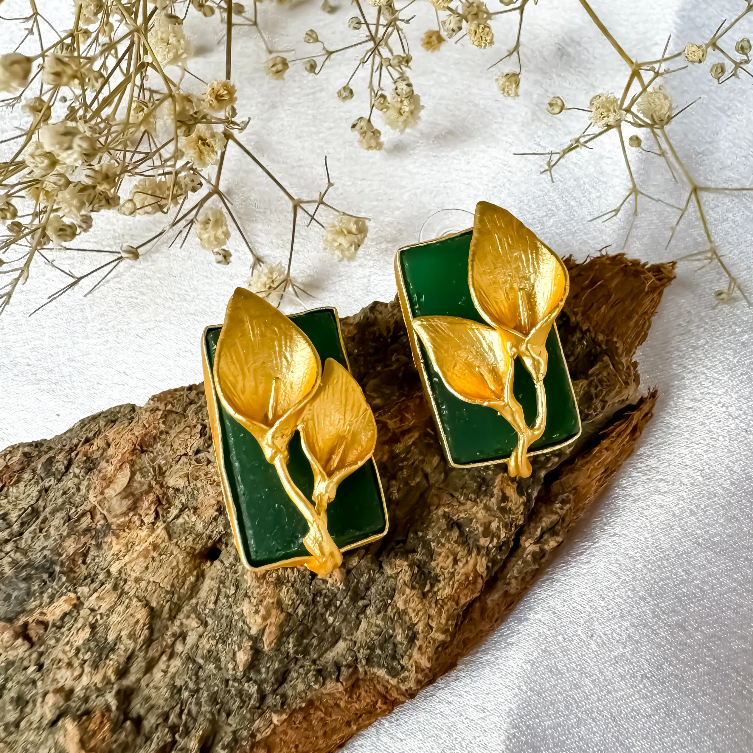 Uncut Natural Druzzy stone Brass Earrings - Green - Image 4