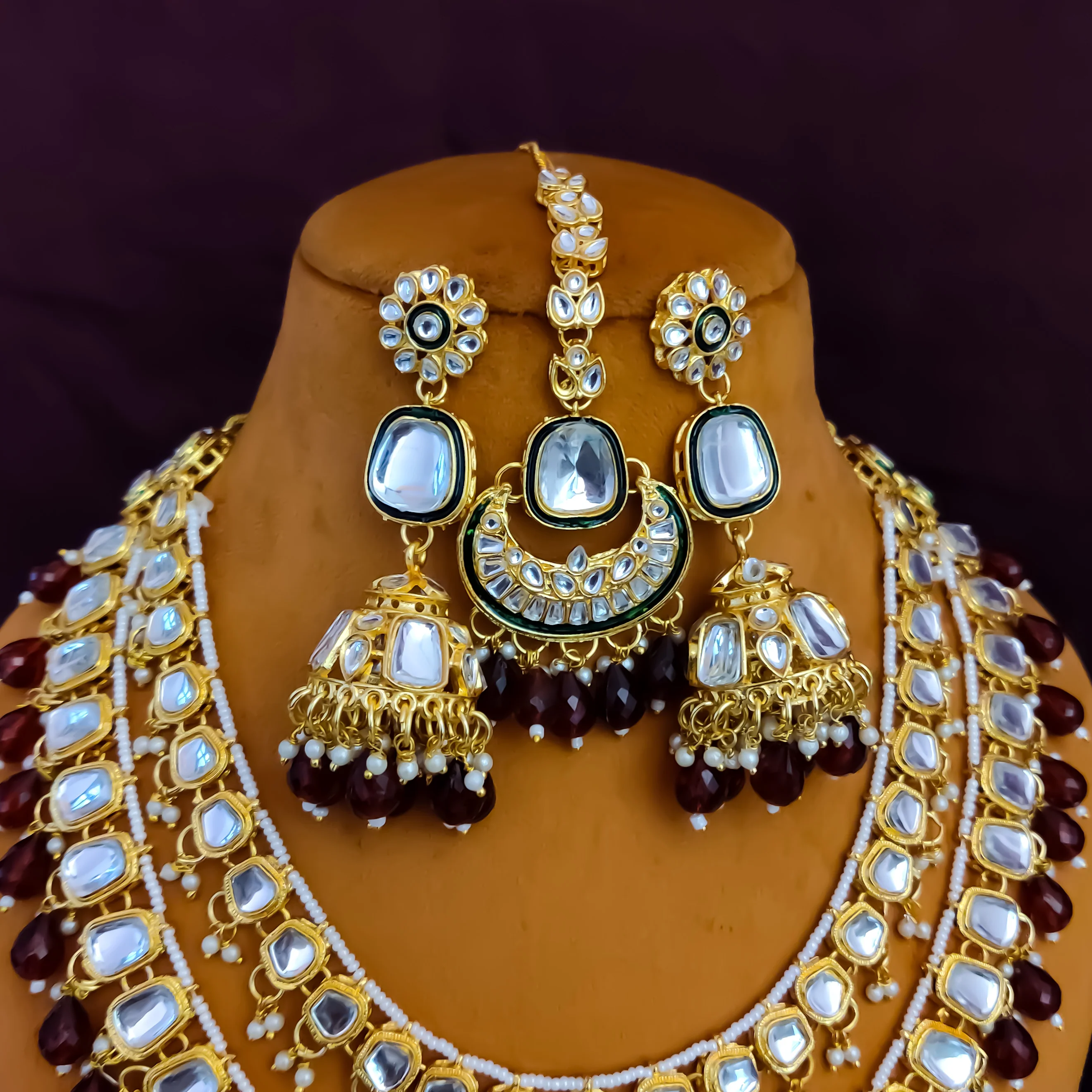 Deep Double layer Kundan Necklace Set - Maroon - Image 3