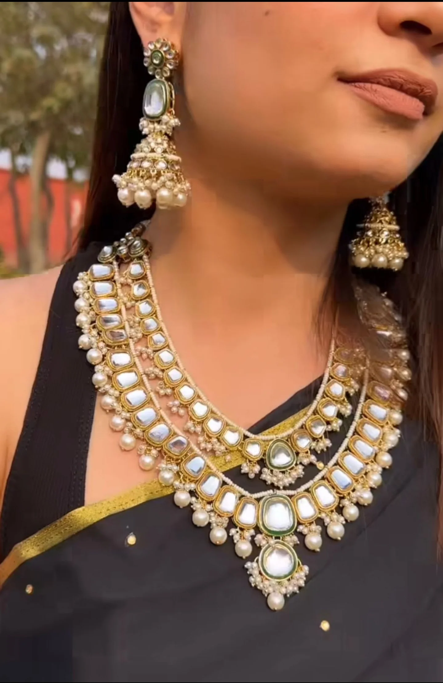 Deep Double layer Kundan Necklace Set - Golden - Image 3