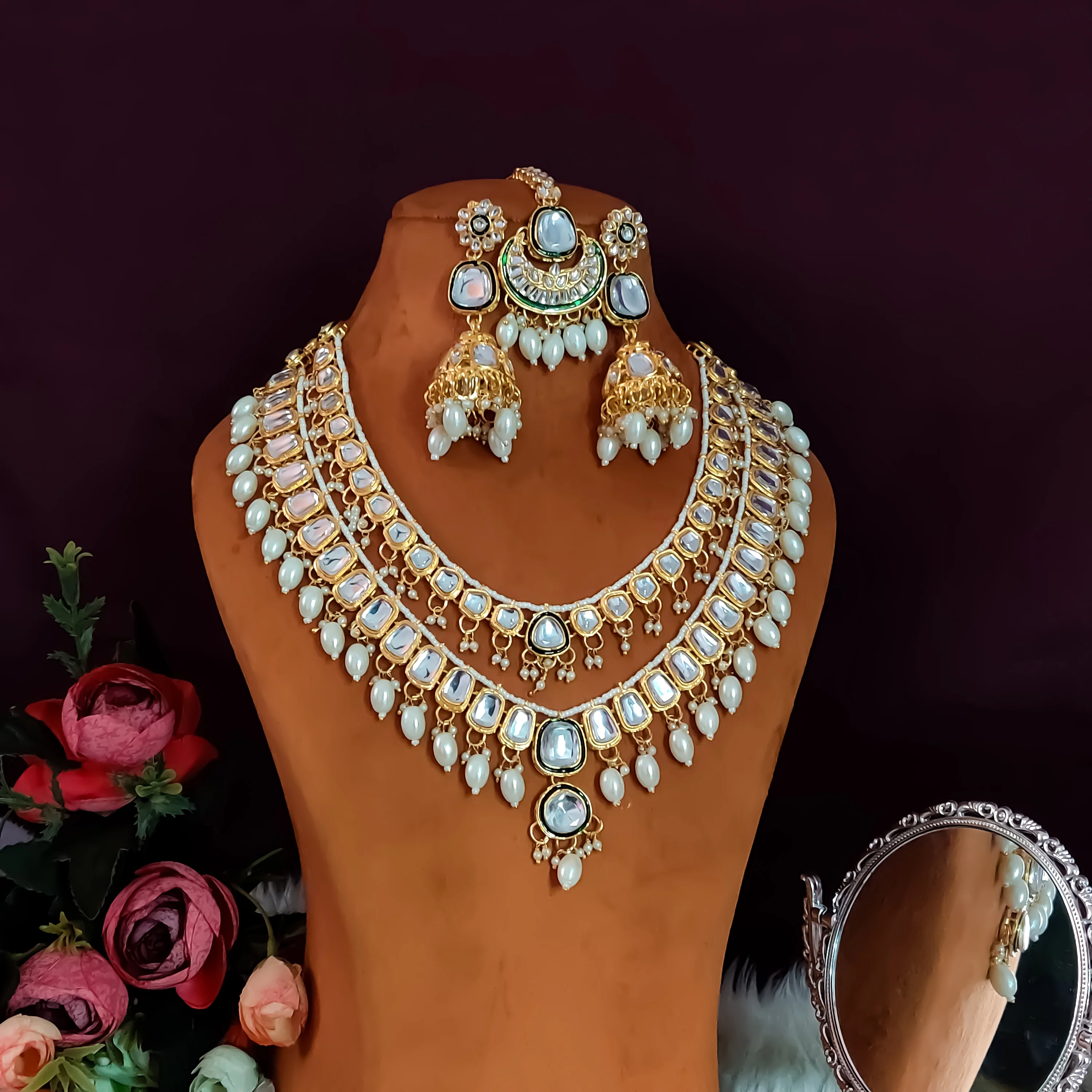 Deep Double layer Kundan Necklace Set - Golden - Image 6