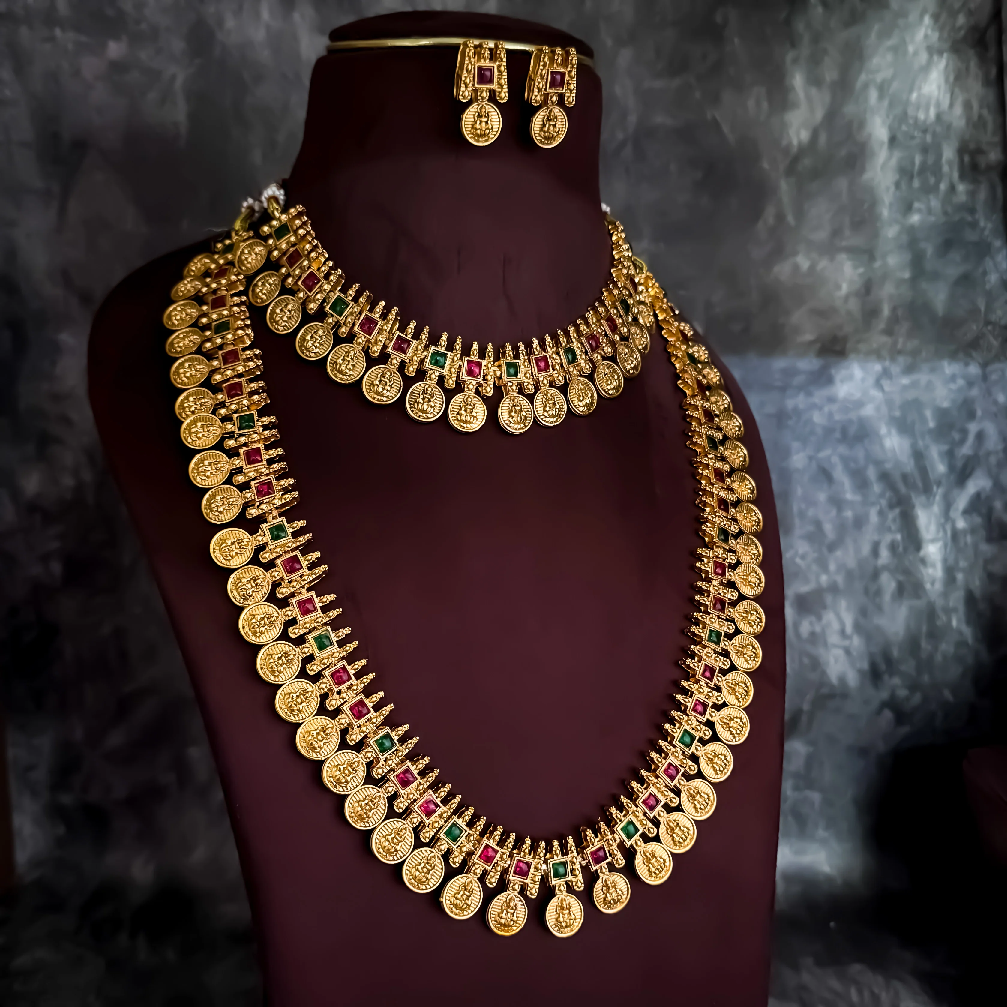 Dhana Lakshmi Coin Long & Short Temple Necklace Set - Golden - Image 2